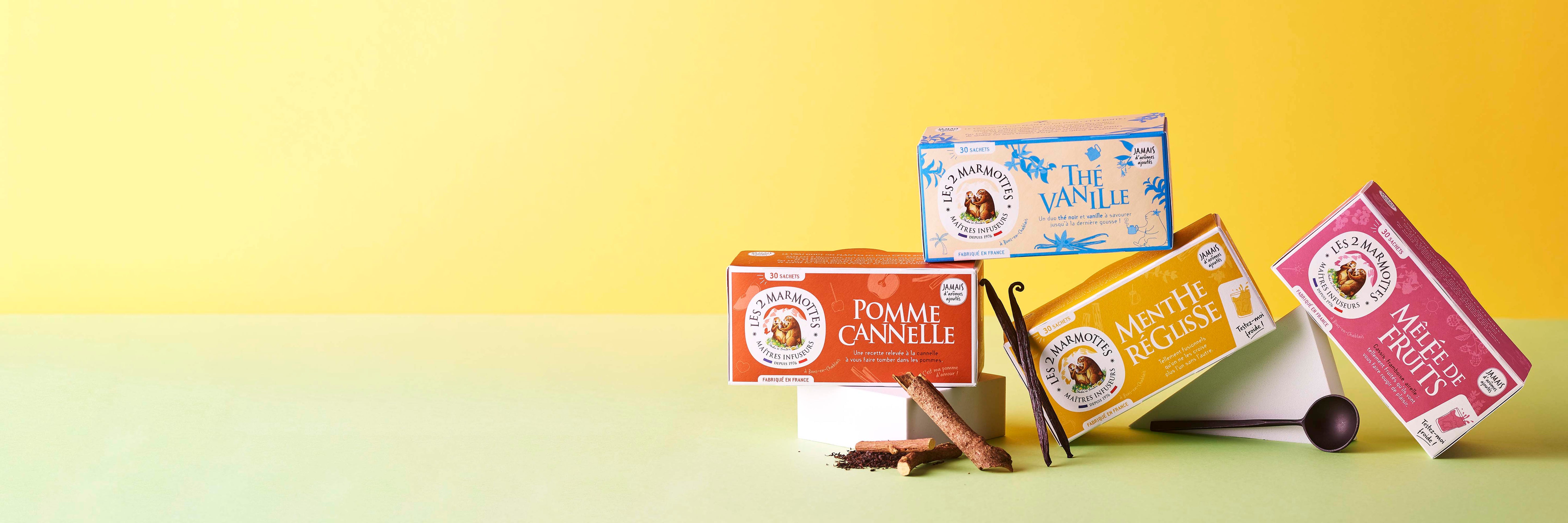 Tisanes gourmandes et thés gourmands pour le goûter ou en idées cadeaux : tisane réglisse, thé vanille, tisane ou thé fruits rouges...au vrai goût des plantes et des fruits.