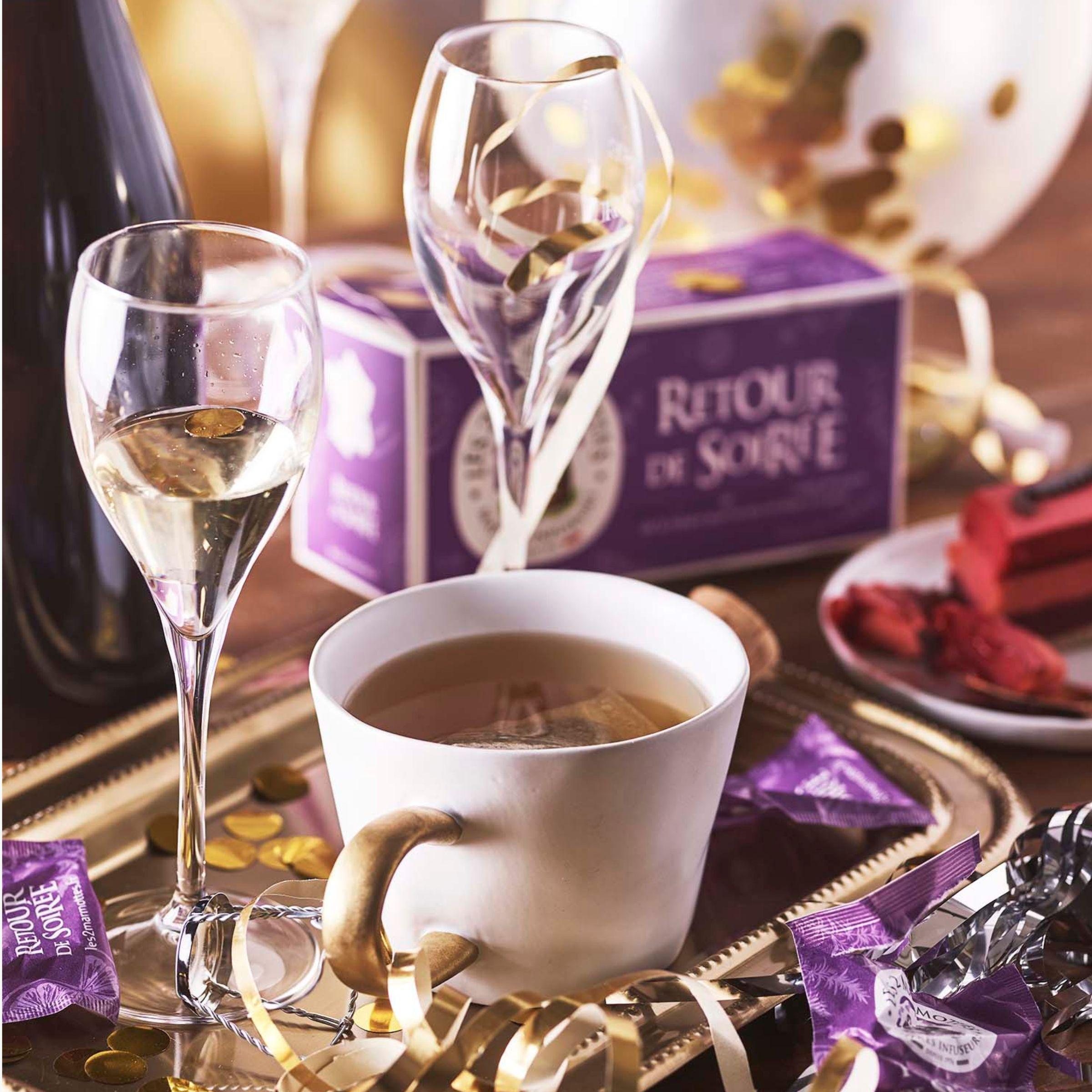 Tisane Retour de Soirée les 2 marmottes, tisane 100% plantes menthe romarin citron vert pour récupérer en douceur après une grosse soirée ou un gros repas.