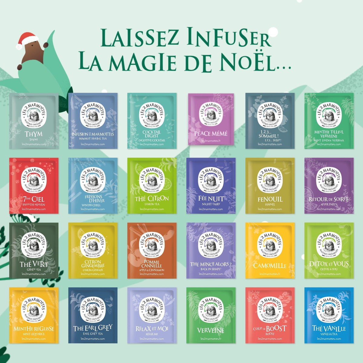 Détail de l'assortiment des tisanes et thés de ce calendrier de l'avent. Toutes les tisanes et thés sont fabriqués en France (Haute-Savoie). 100% plantes, sans arômes ajoutés.