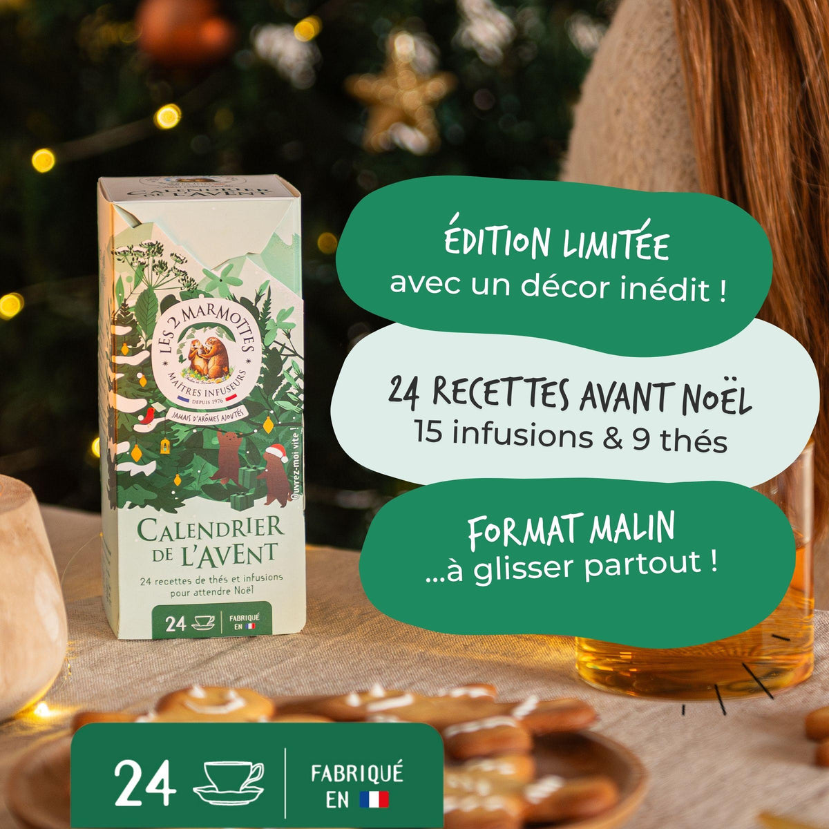 Petit calendrier de l'avent les 2 marmottes : assortiment de 24 sachets de thés et tisanes, étui carton sans plastique, ne prend pas beaucoup de place, le décor se déplie. Tisanes et thés 100% plantes, sans arômes ajoutés, fabrication française Les 2 Marmottes. Décor vert et blanc inspiration montagne, avec petites marmottes mignonnes. Edition limitée.