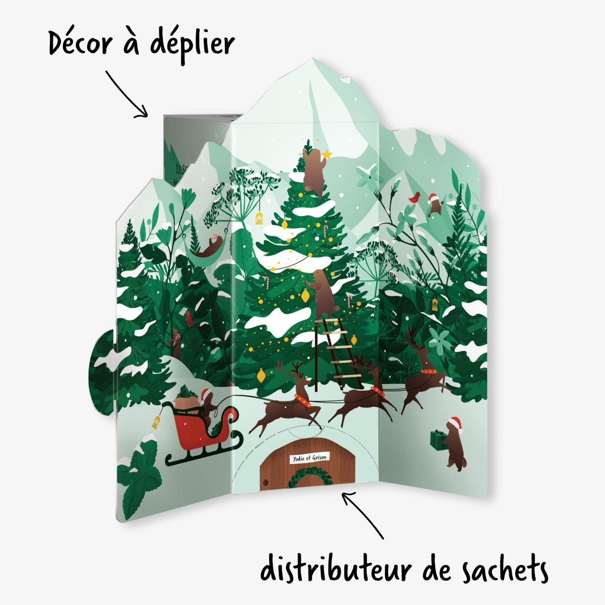 Détail du décor du calendrier de l'Avent : pas de cases, le distributeur de sachets est en bas de la boîte, prendre 1 sachet de tisane ou thé par jour.
