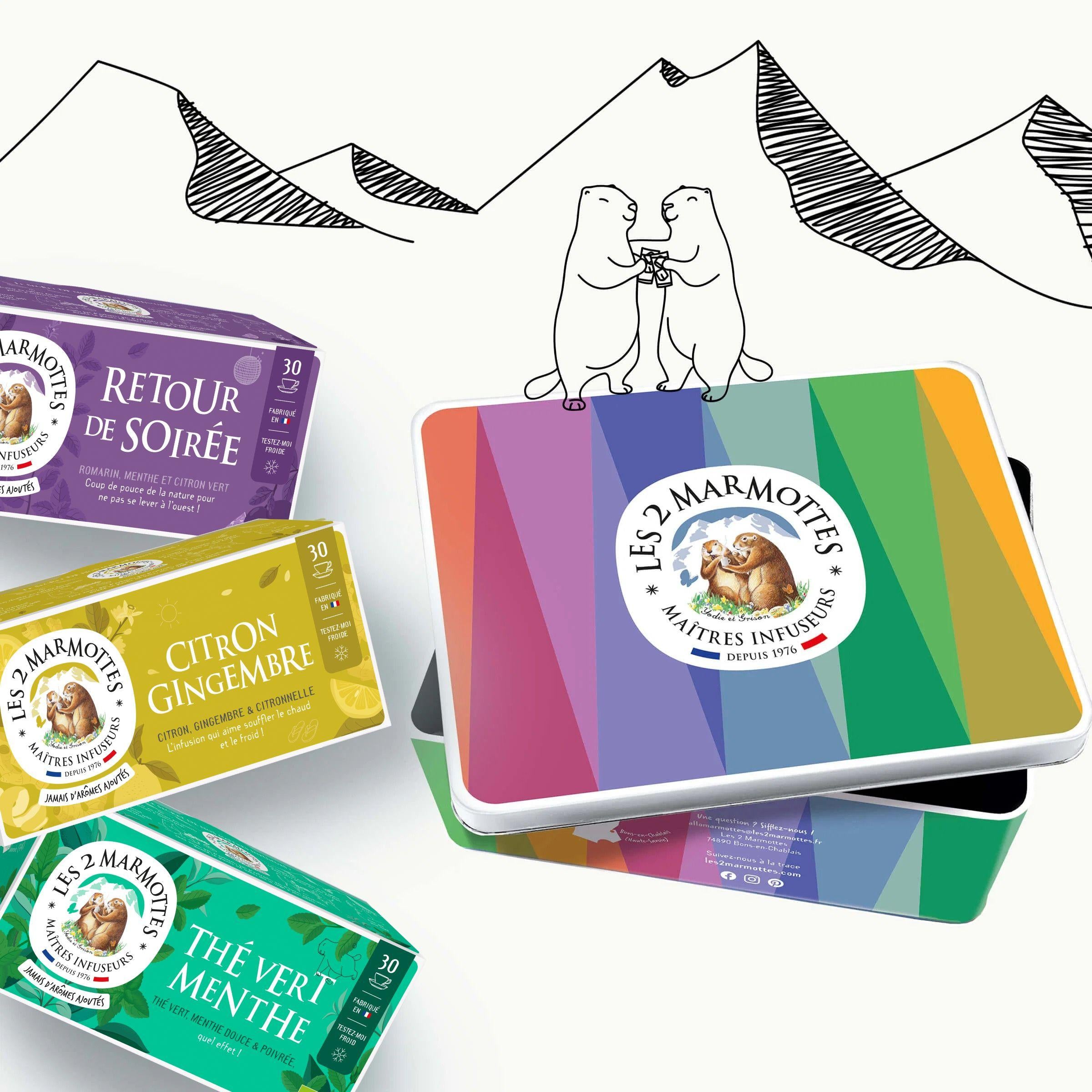 Idée cadeau : boîte métal colorée contenant tisanes et thés glacés pour l'été, pour s'hydrater sans sucre par fortes chaleurs