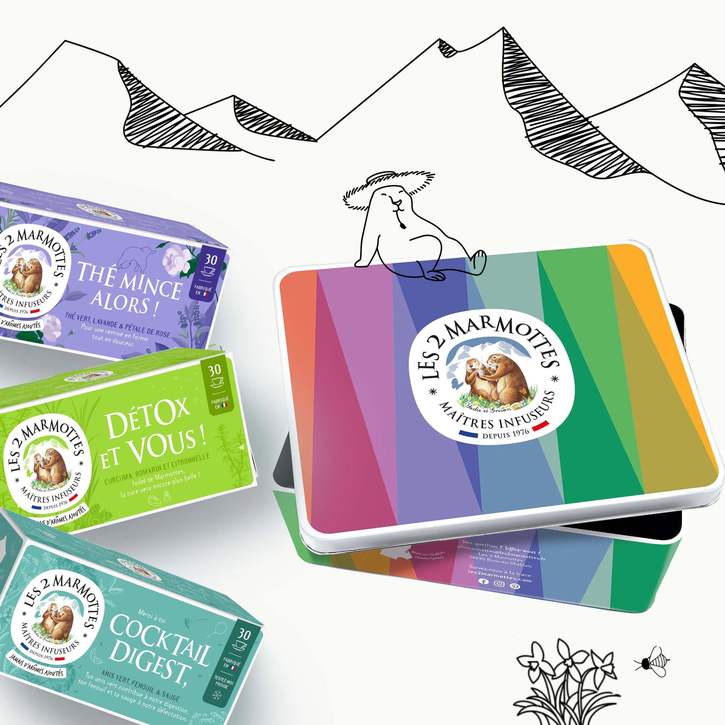Boîte métal garnie de 3 boîtes d'infusions et thés sans arômes ajoutés pour le printemps