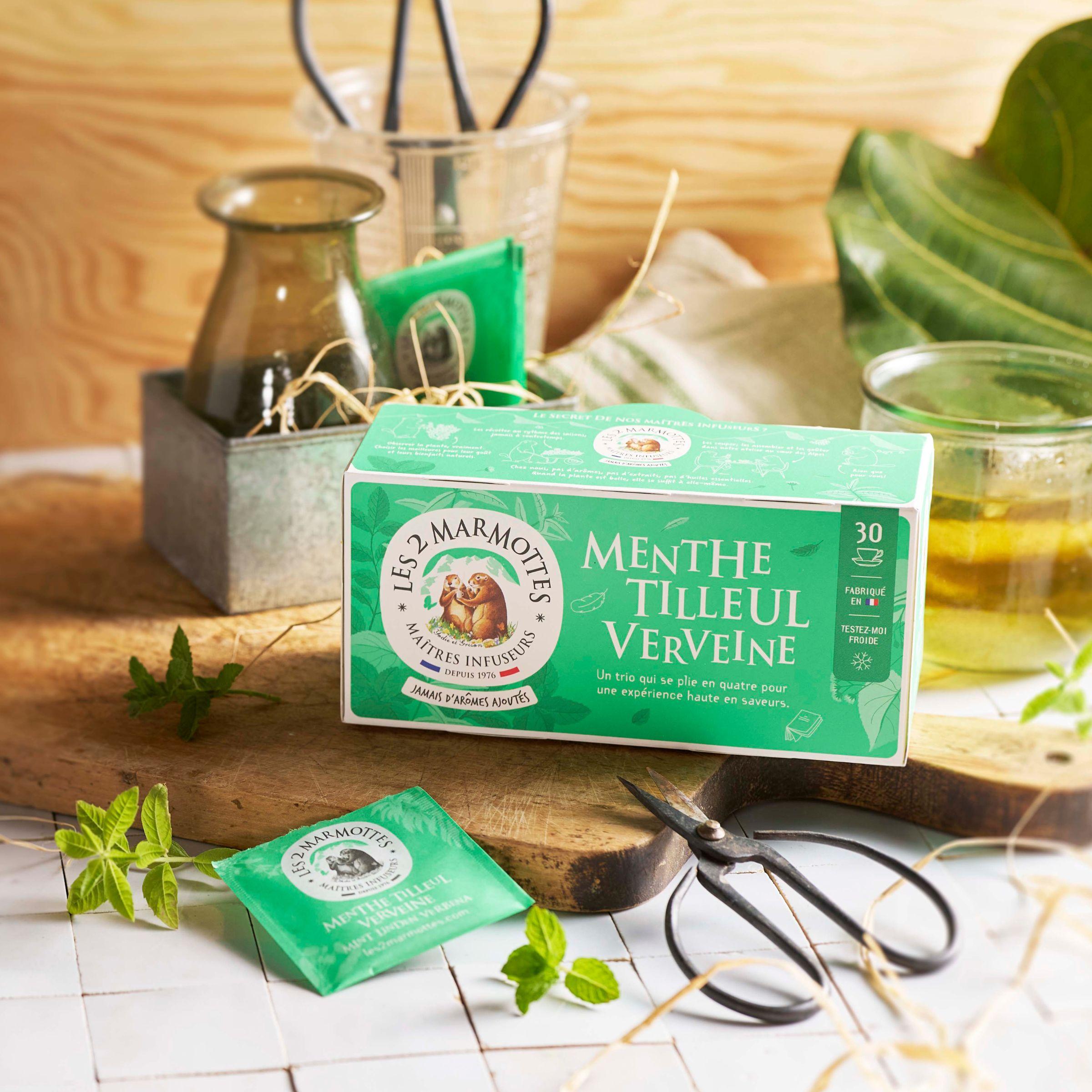 Tisane menthe tilleul et verveine les 2 marmottes, à boire froide ou chaude, tisane plantes sans arômes ajoutés