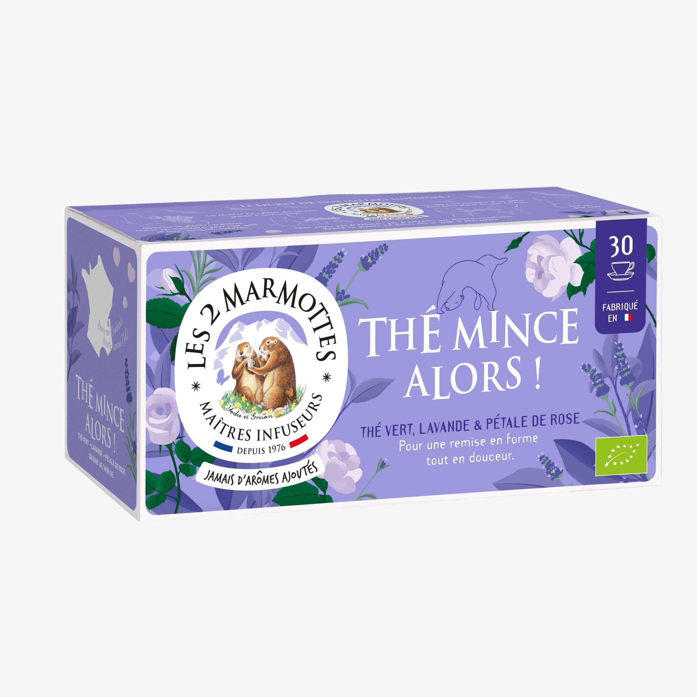 Thé vert bio Mince alors à la rose et à la lavande. Thé vert minceur sans arômes ajoutés, fabrication française Les 2 Marmottes. Boîte de 30 sachets.