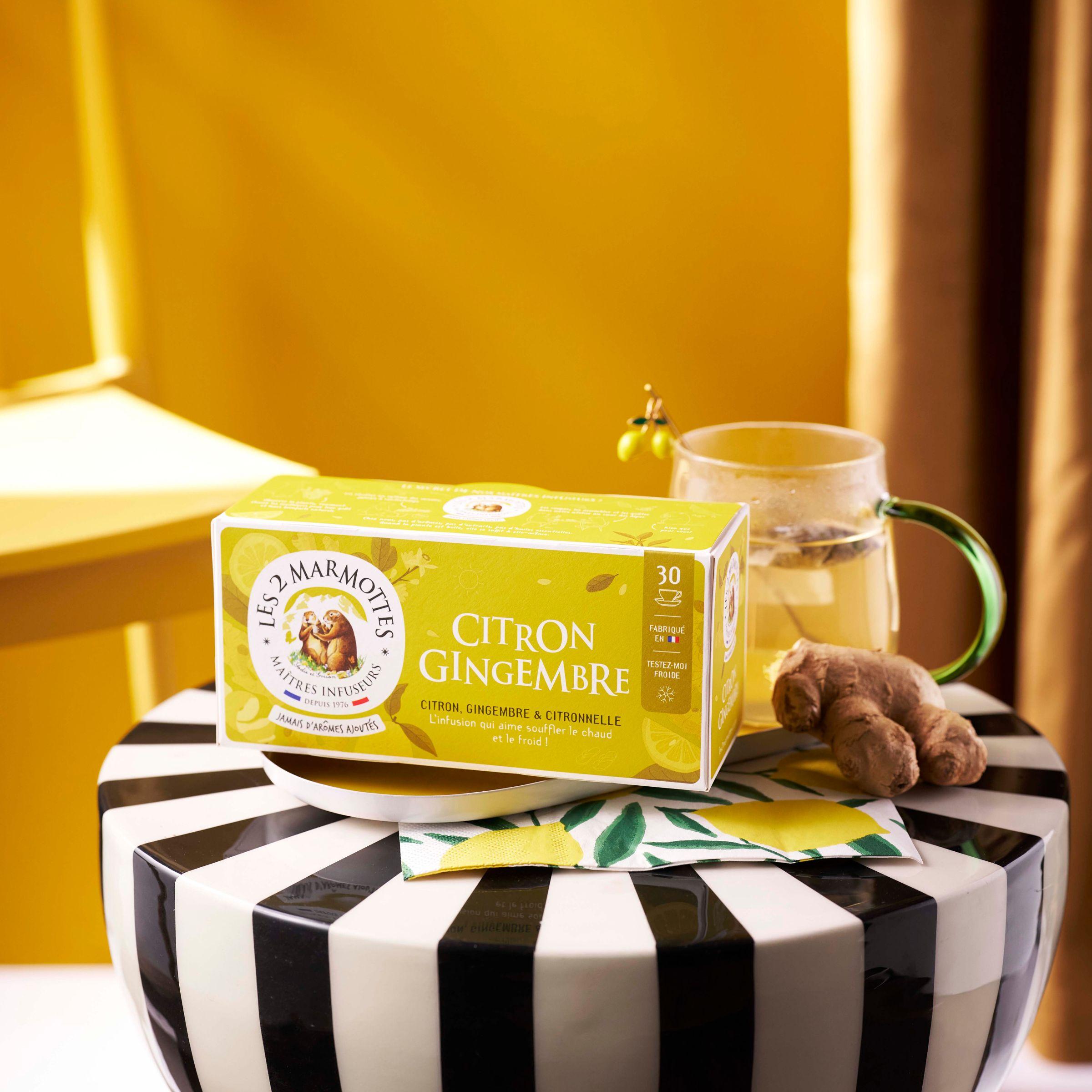 Tisane Citron Gingembre Les 2 Marmottes sans arômes ajoutés, fabrication française, à boire chaude ou froide