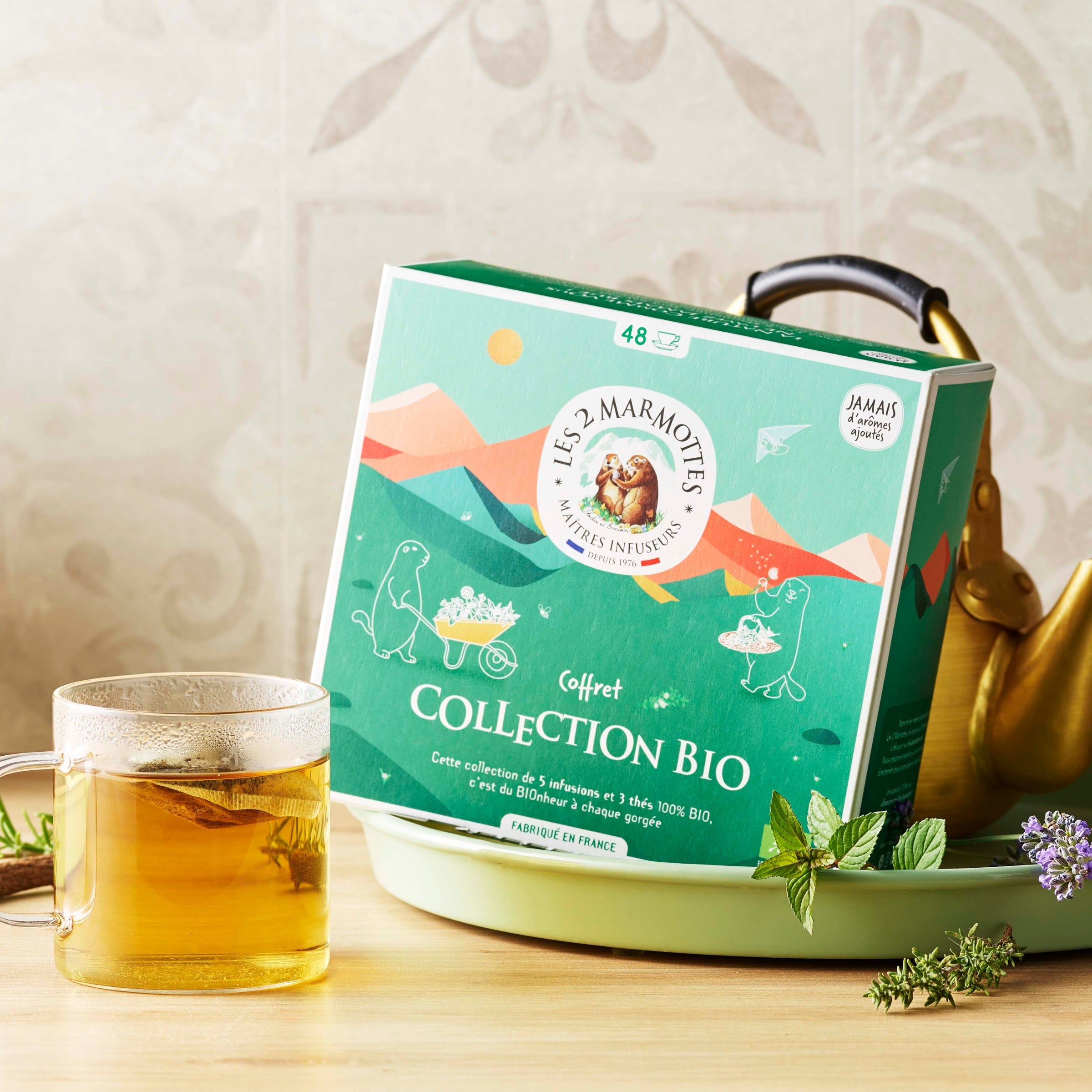 Coffret Cadeau Thés et Tisanes Bio les marmottes, 8 parfums différents, composition naturelle sans arômes ajoutés, made in france