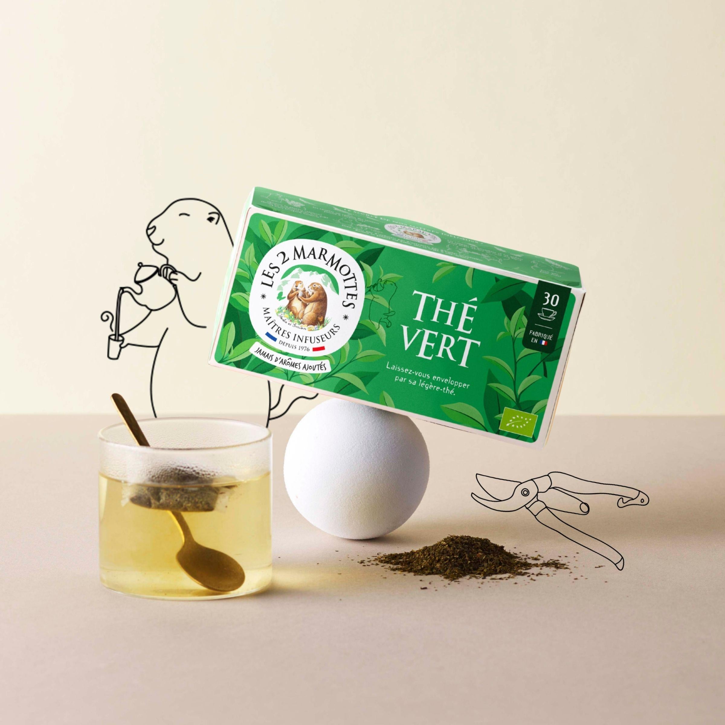 thé vert les 2 marmottes : pur thé vert bio, cultivé sans pesticides de synthèse. Thé nature pour le petit déjeuner, en après-repas et au goûter.