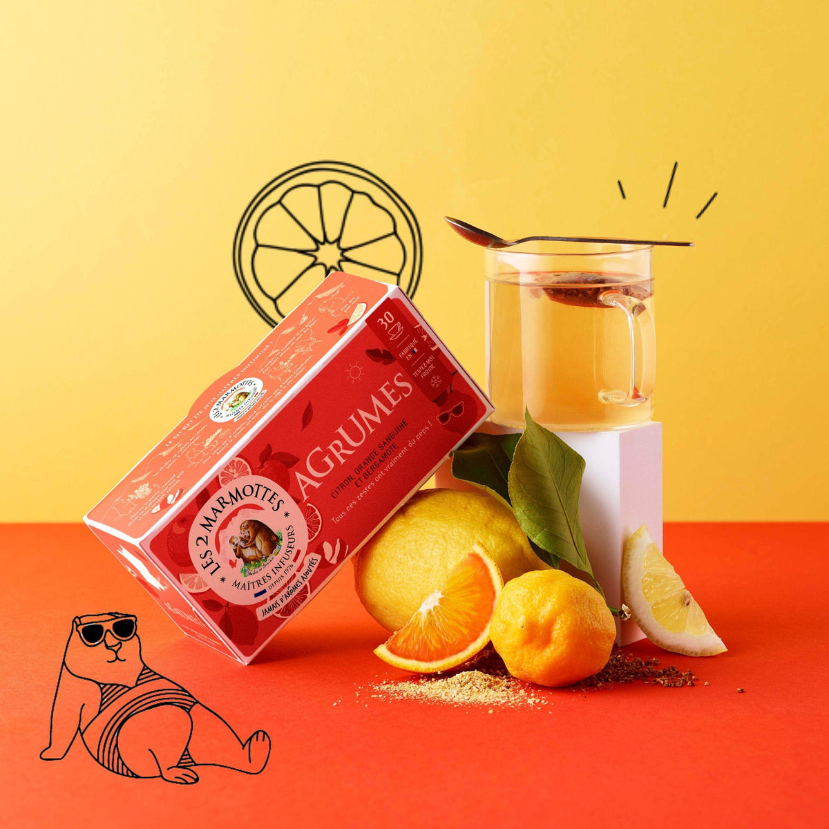 Tisane agrumes sans arômes ajoutés : orange citron bergamote pomelo. Les 2 Marmottes. Fabrication Française.