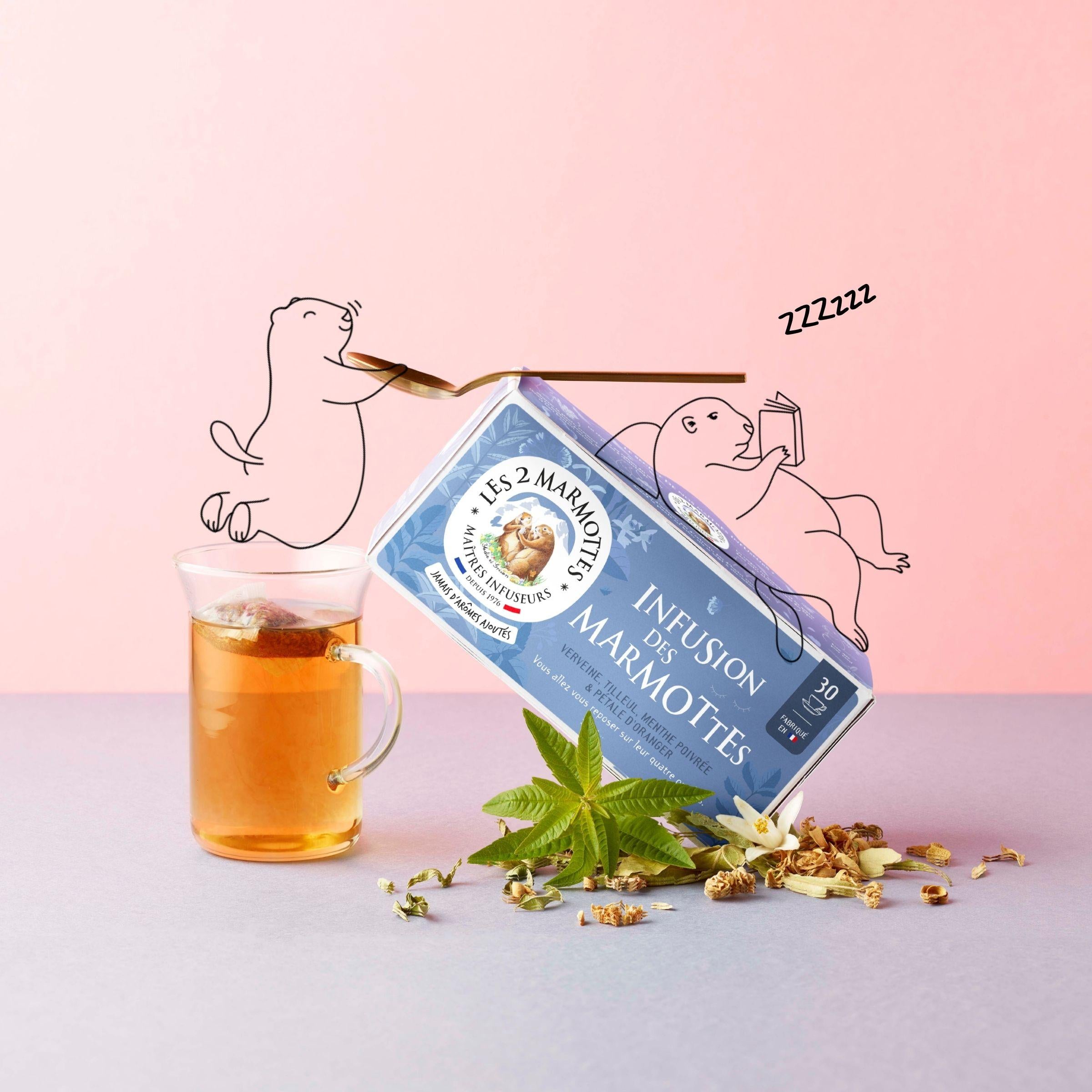 L'infusion des marmottes, la tisane des alpes de haute-savoie, un bouquet de 7 plantes sans arômes ajoutés. Tisane Infusion des Marmottes tilleul verveine pétales d'oranger Les 2 Marmottes - Made in France - Sans arômes ajoutés