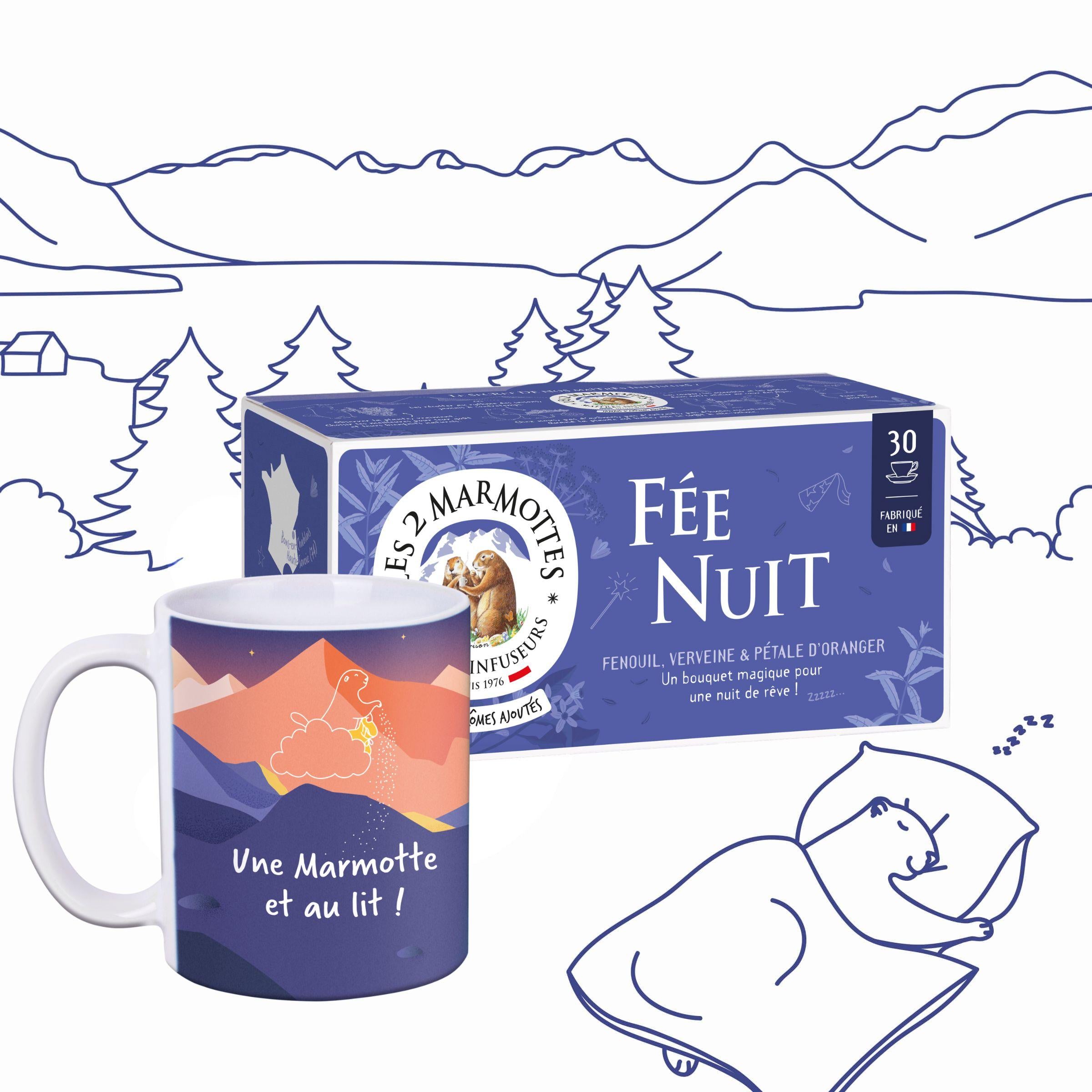 Pack cadeau pour gros dormeurs : tisane "fée nuit" des marmottes + mug "une marmotte et au lit"