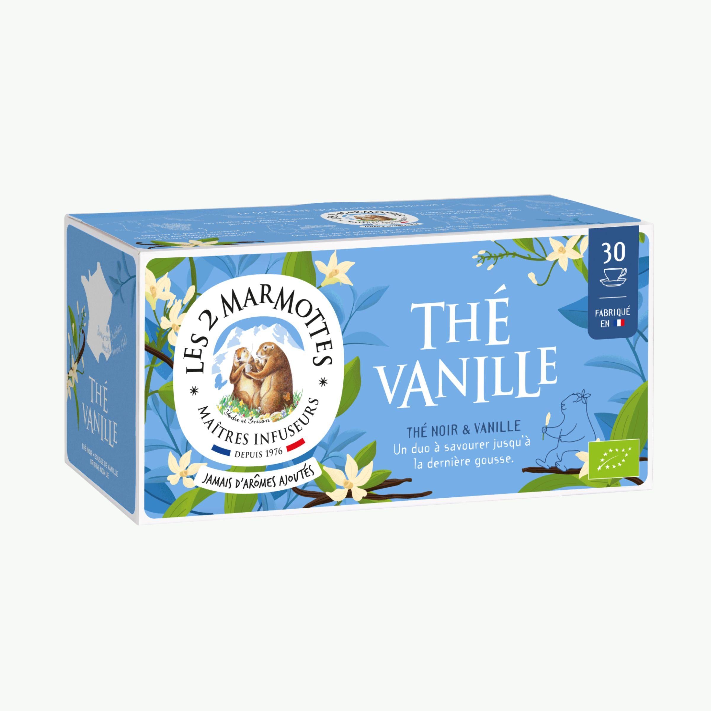 Thé noir vanille bio les 2 marmottes, thé bio 100% plantes sans arômes ajoutés, vraie vanille madagascar