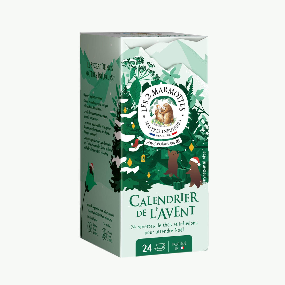 Petit calendrier de l'avent les 2 marmottes : assortiment de 24 sachets de thés et tisanes, étui carton sans plastique, ne prend pas beaucoup de place, le décor se déplie. Tisanes et thés 100% plantes, sans arômes ajoutés, fabrication française Les 2 Marmottes. Décor vert et blanc inspiration montagne, avec petites marmottes mignonnes. Edition limitée.