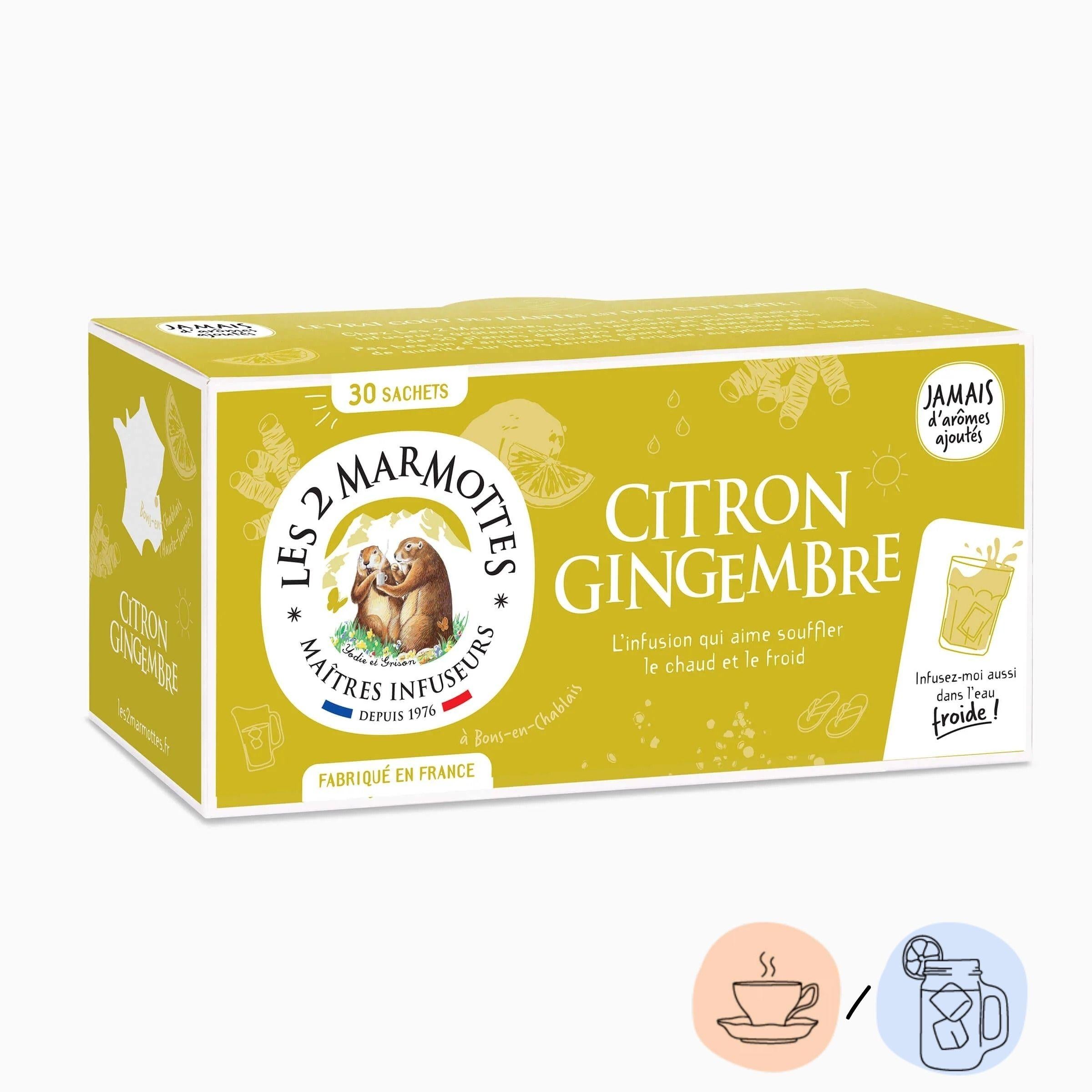 Tisane citron gingembre Les 2 Marmottes, infusion sans arômes ajoutés, à boire chaude ou glacée