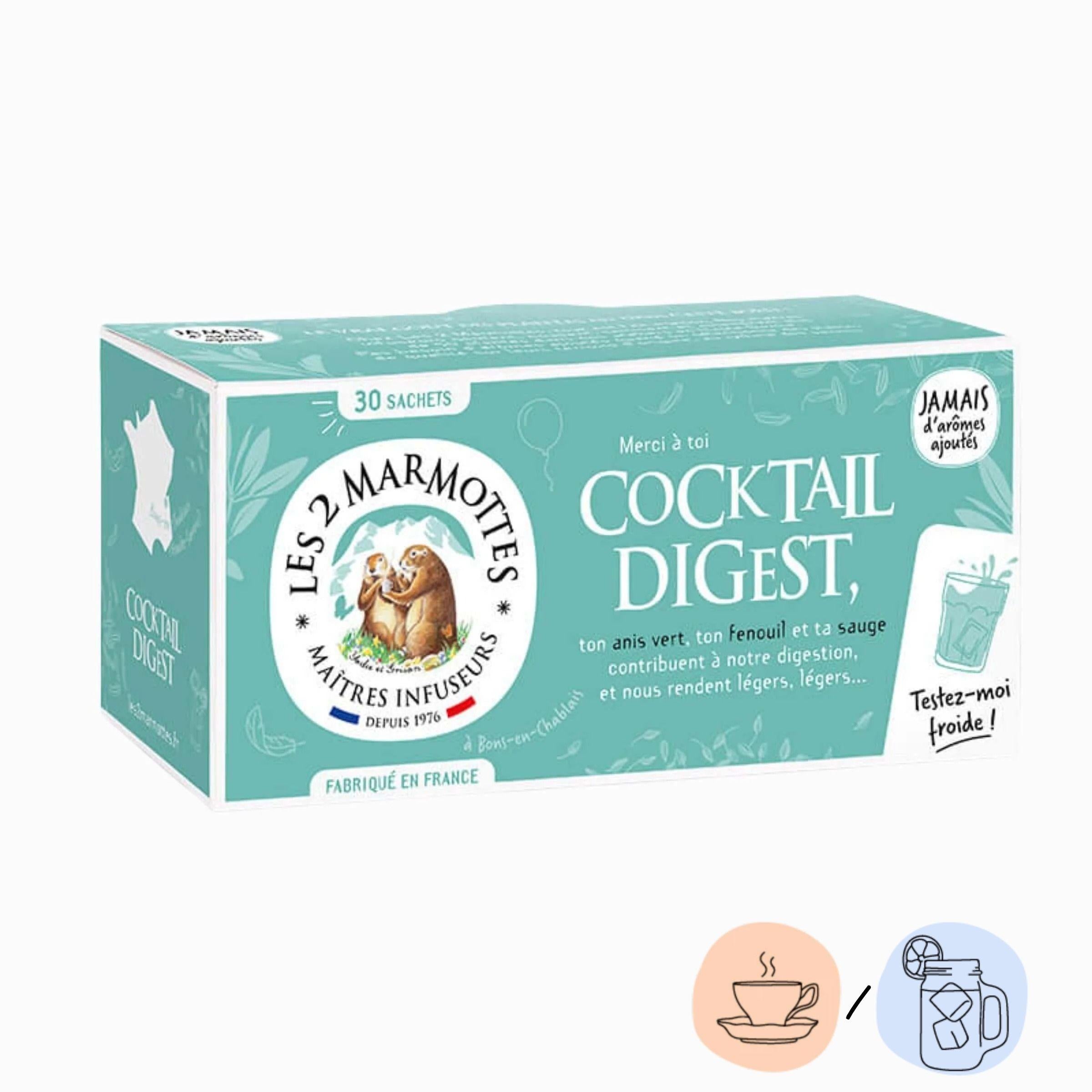 Tisane Cocktail Digest Les 2 Marmottes, infusion digestion anis fenouil sauge sans arômes ajoutés, à boire chaude ou glacée pour une infusion rafraîchissante et anisée