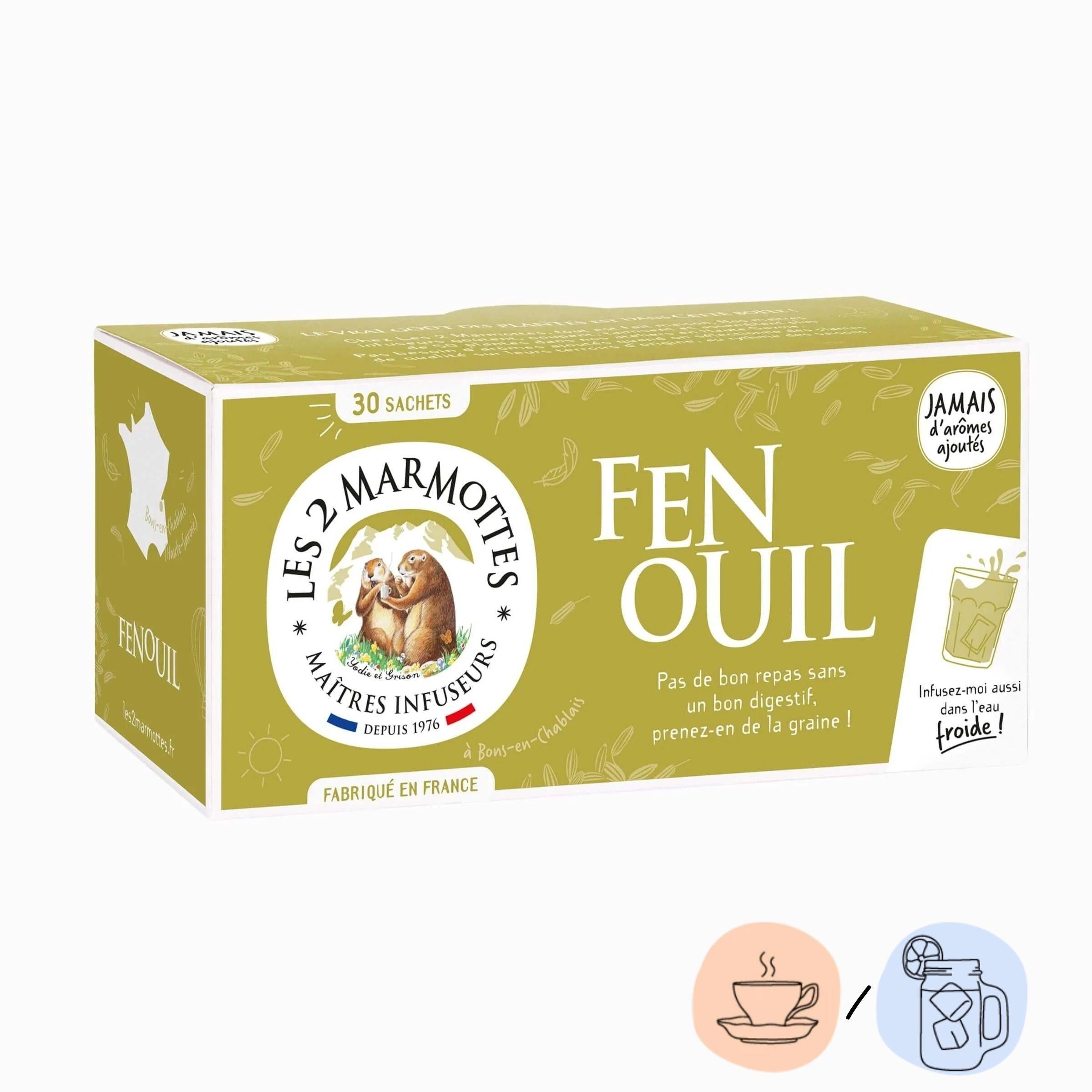 Tisane pur fenouil Les 2 marmottes, infusion graines de fenouil à boire chaude ou froide pour un goût naturellement anisé et rafraîchissant.