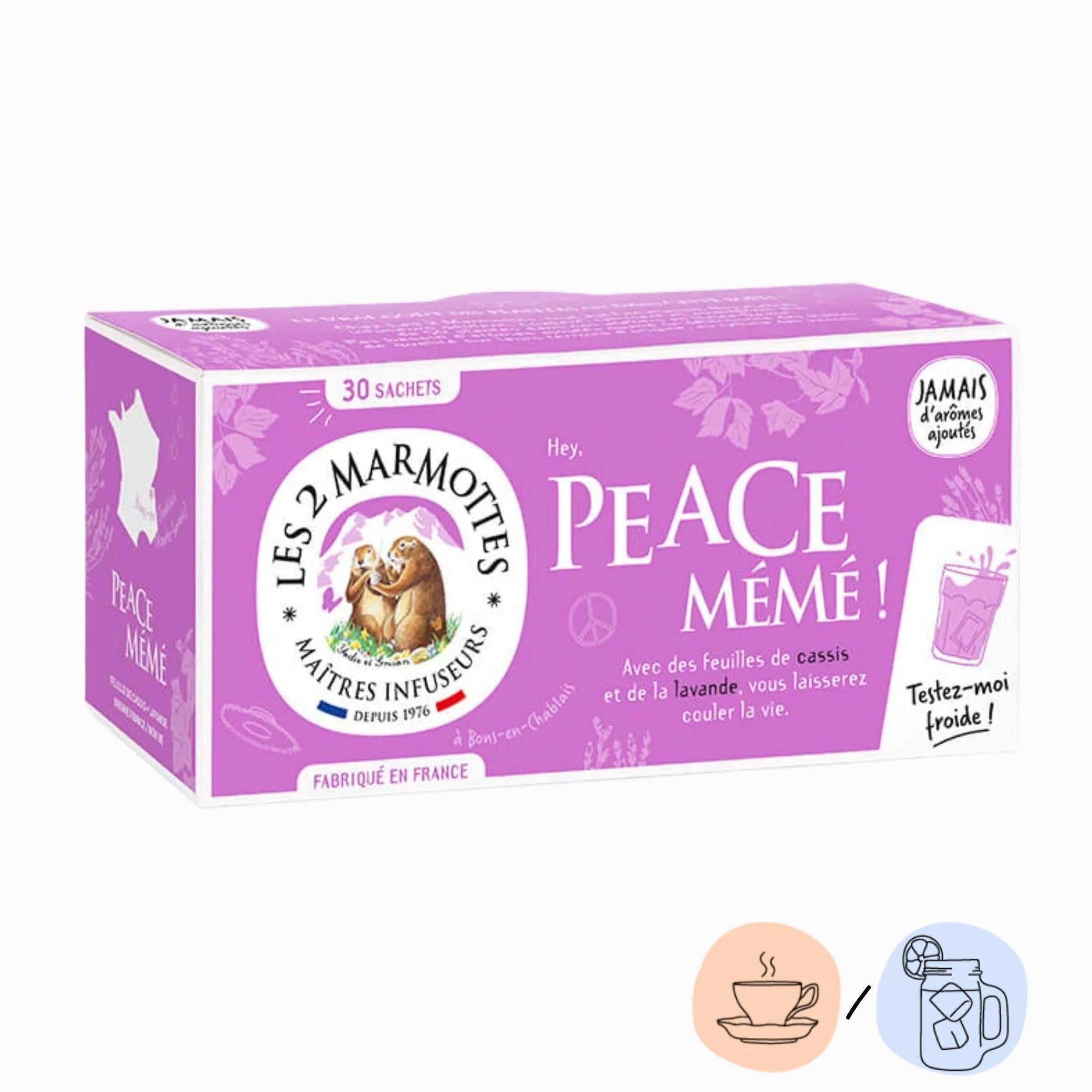 Tisane Peace Mémé Les 2 Marmottes, infusion lavande et feuilles de cassis. A boire chaude ou en infusion florale glacée.
