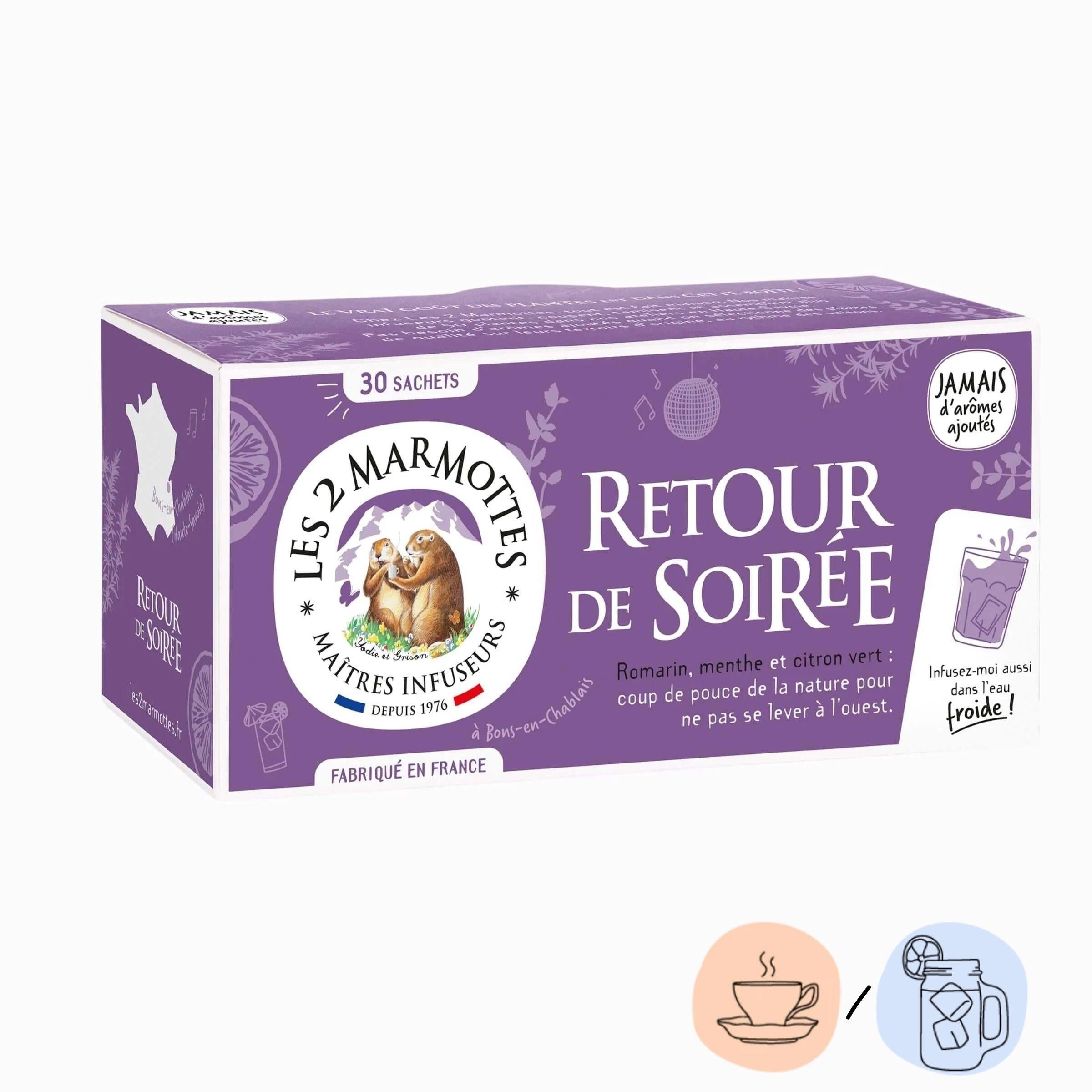 Tisane Retour de Soirée les 2 Marmottes, infusion romarin menthe et citron vert, sans arôme ajouté. A boire chaude ou en infusion glacée.
