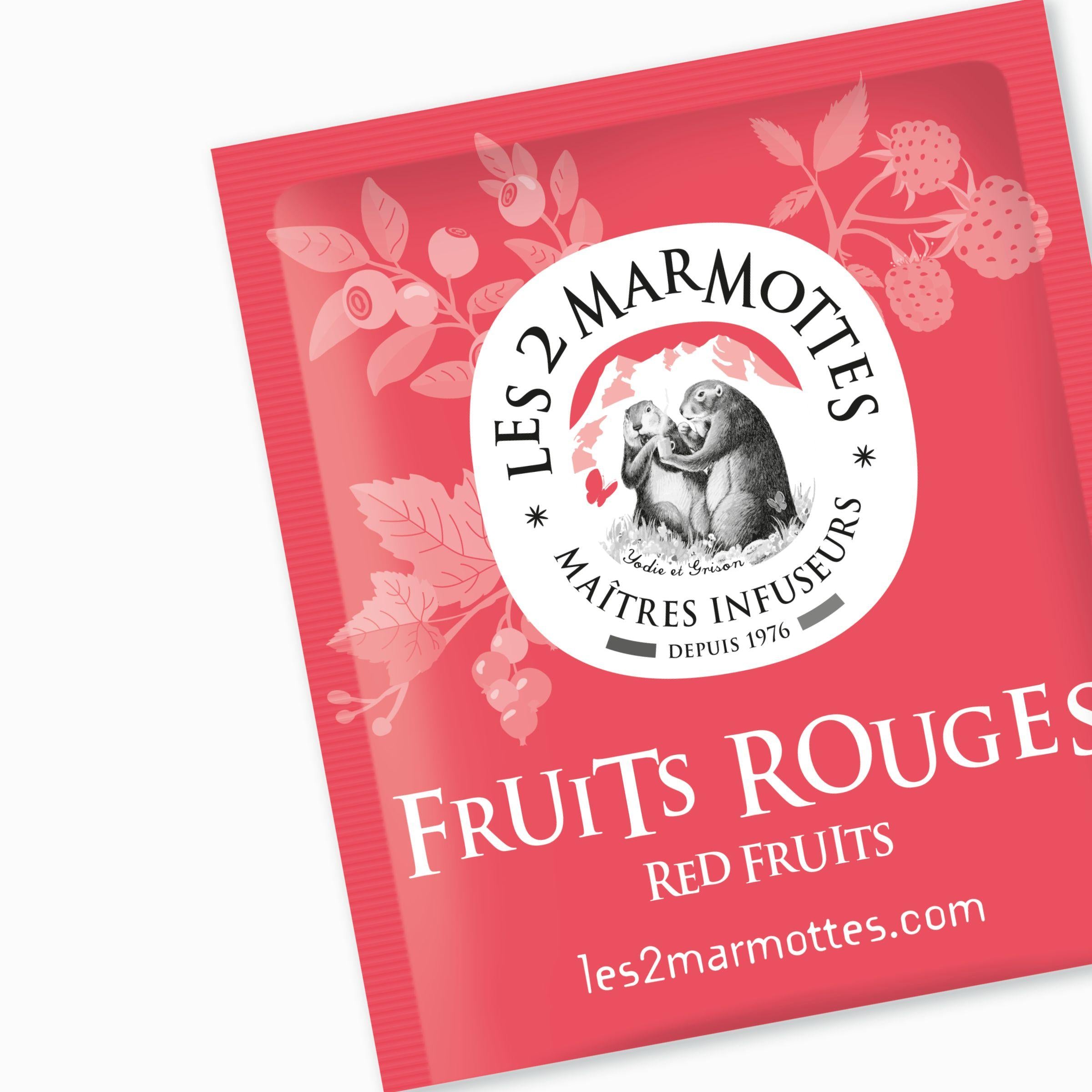 Tisane aux vrais fruits rouges sans arôme ajoutés Les 2 Marmottes, cassis framboise myrtille, infusion fruitée à boire chaude ou froide en été
