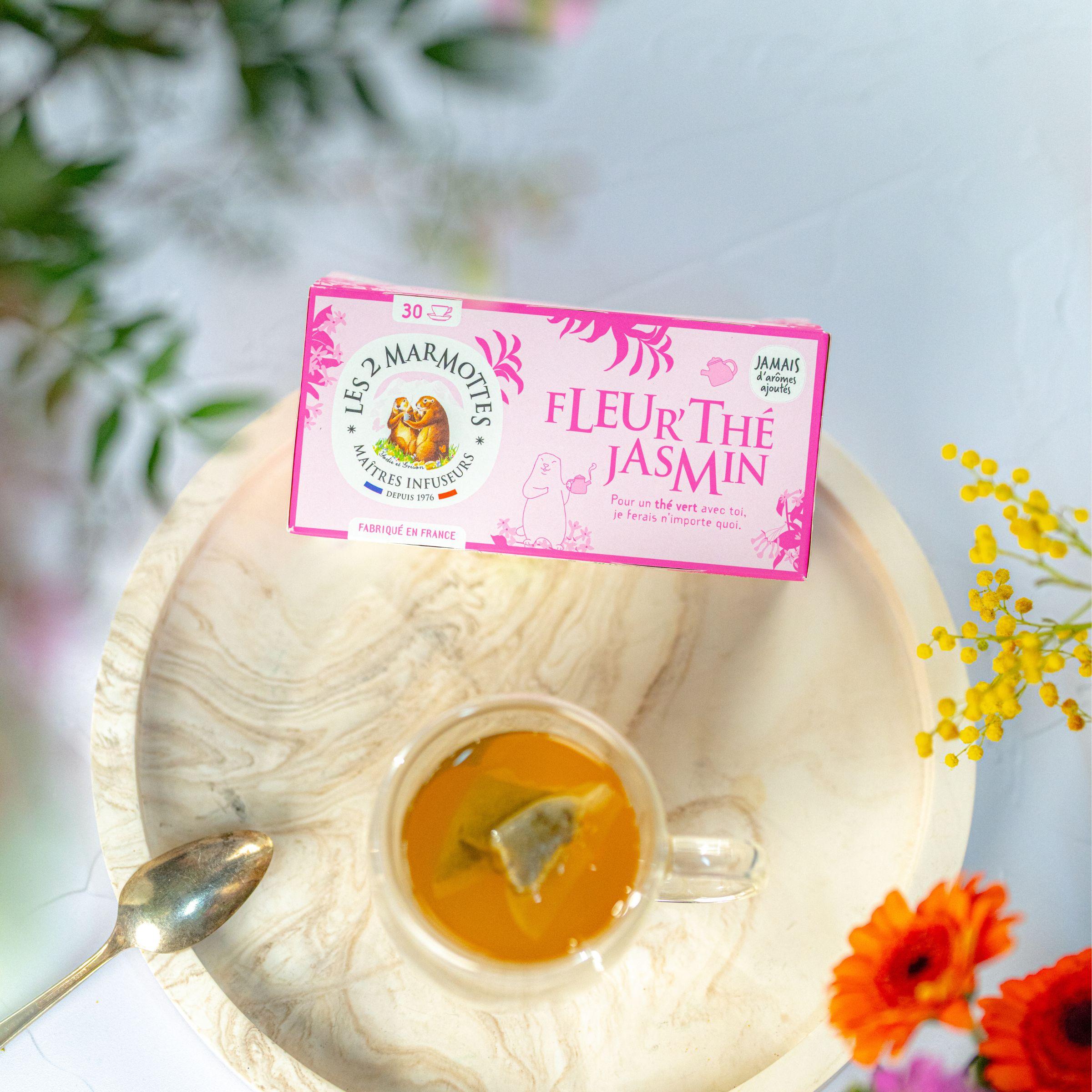 Thé vert bio jasmin les 2 marmottes, thé fleuri aux pétales de jasmin