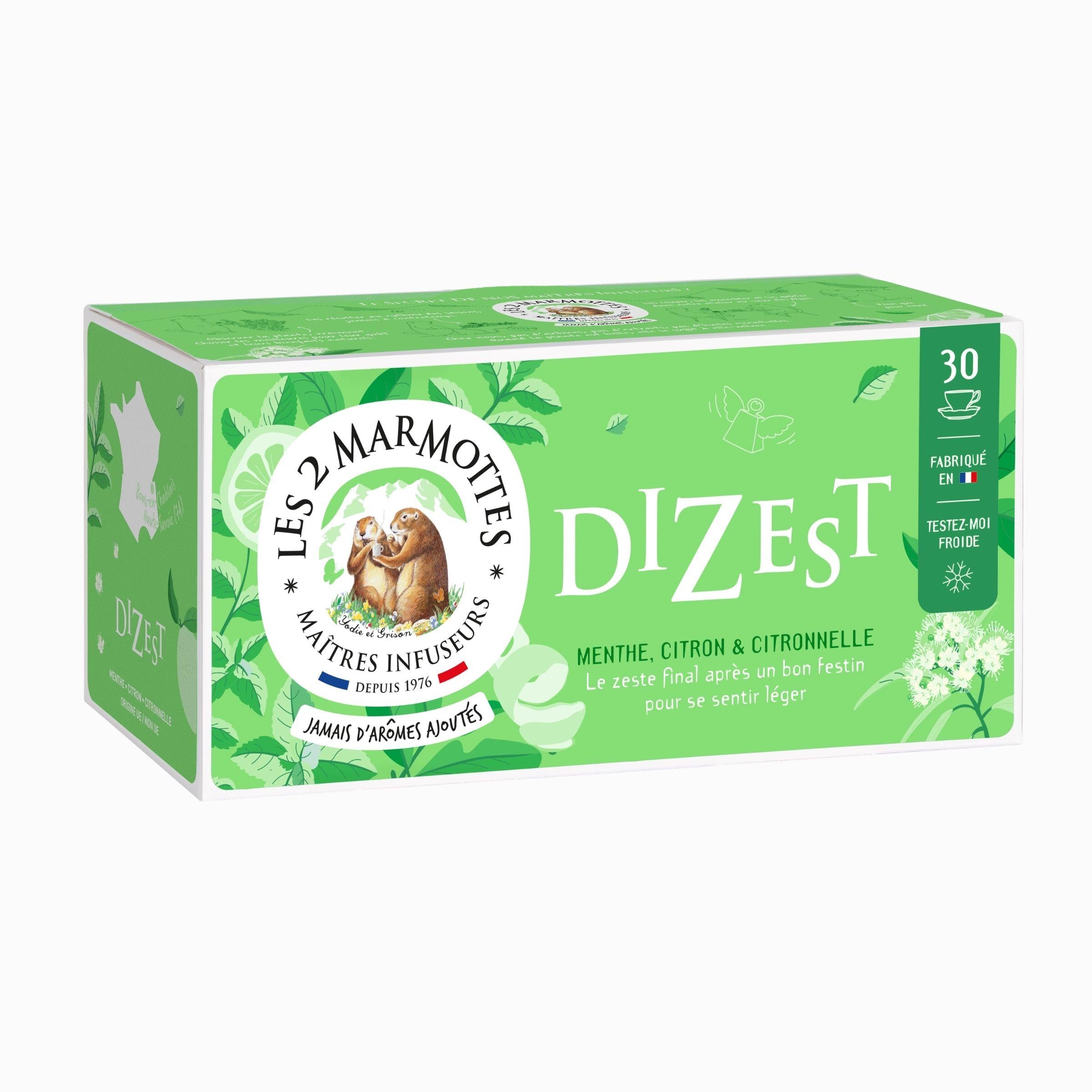 Tisane menthe citron citronnelle pour après-repas, infusion Dizest Les Marmottes, tisane naturelle pour confort digestif après manger, vraies plantes sans aucun arôme ajouté