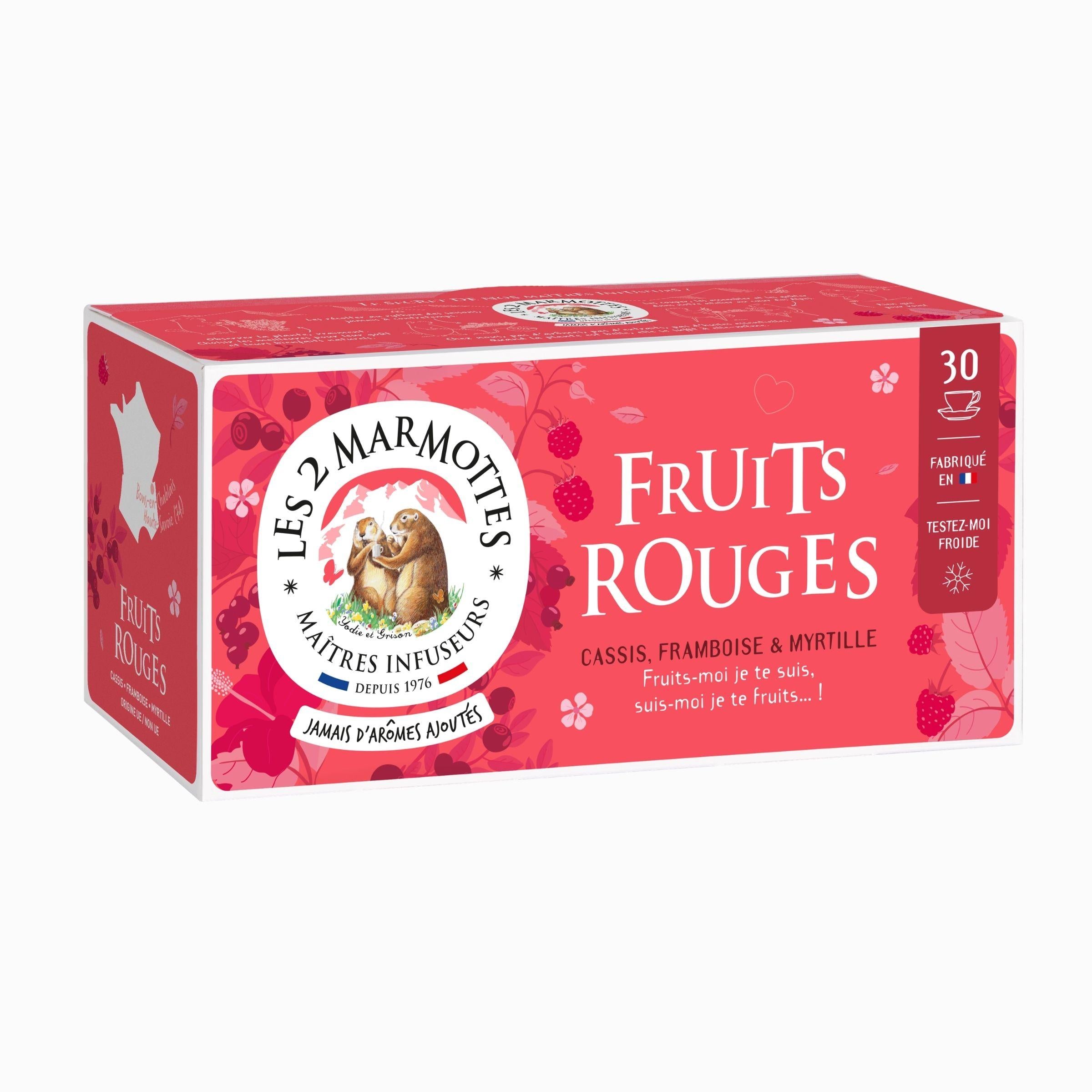 Infusion véritables fruits rouges aucun arôme ajouté, tisane naturelle aux fruits, tisane gourmande les 2 marmottes à boire chaude ou glacée par fortes chaleurs. Infusion cassis, framboise myrtille