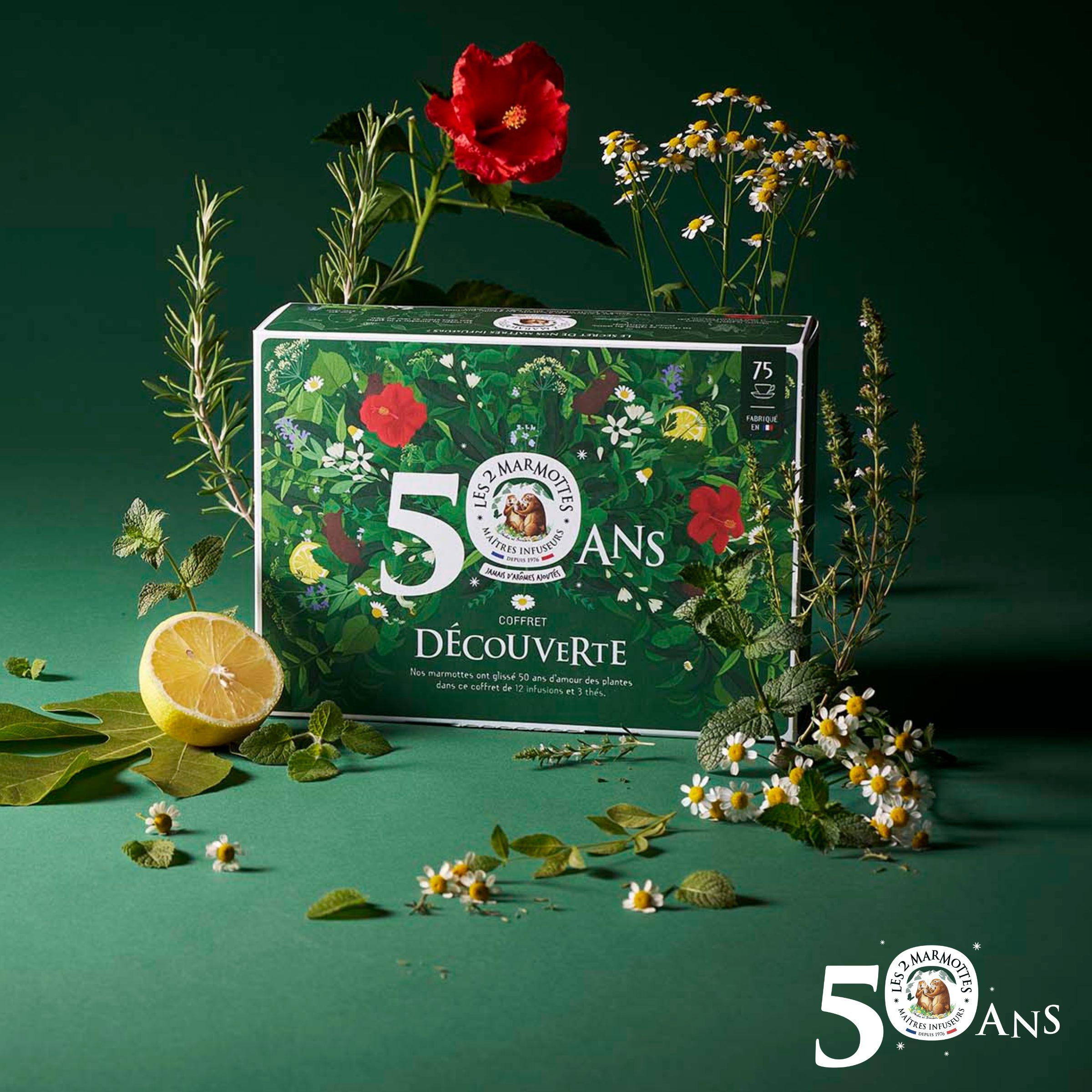 Coffret découverte tisanes et thés sans arômes ajoutés, édition collector 50 ans les 2 marmottes