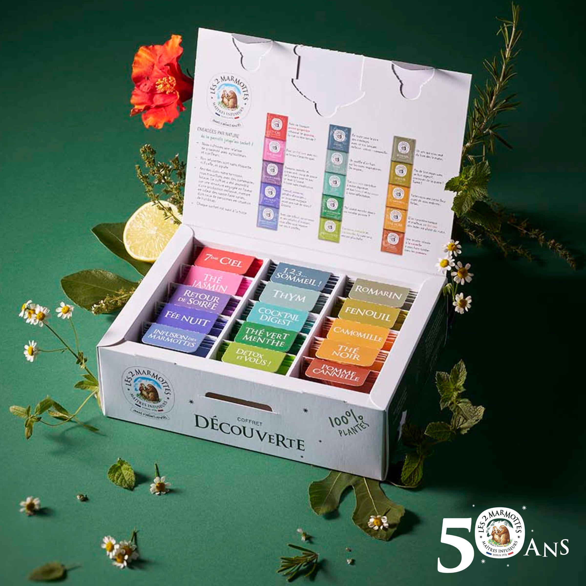Intérieur du coffret découverte tisanes et thés 50 ans les 2 marmottes