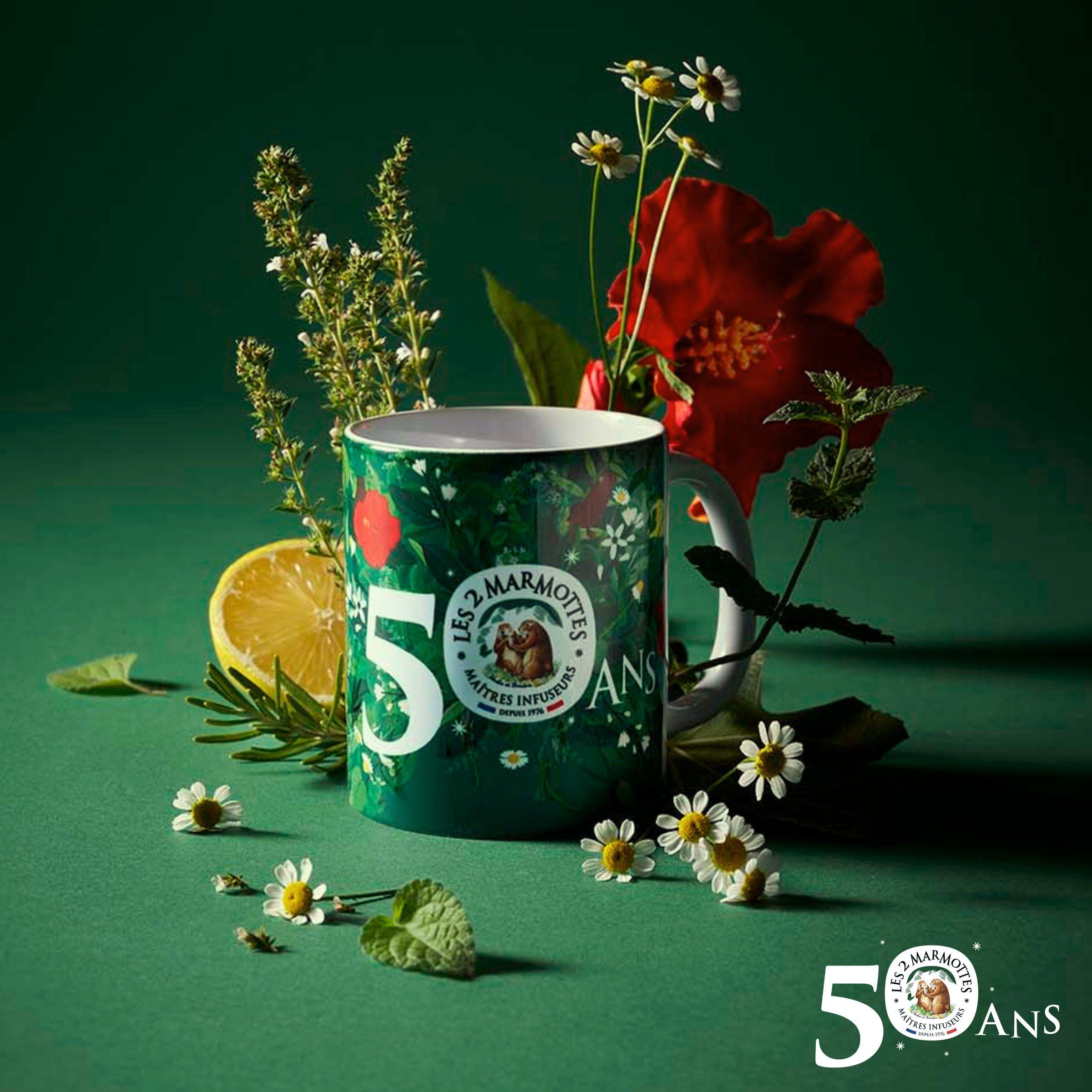 Mug 50 ans les 2 marmottes, mug faience vert décor plantes et fleurs