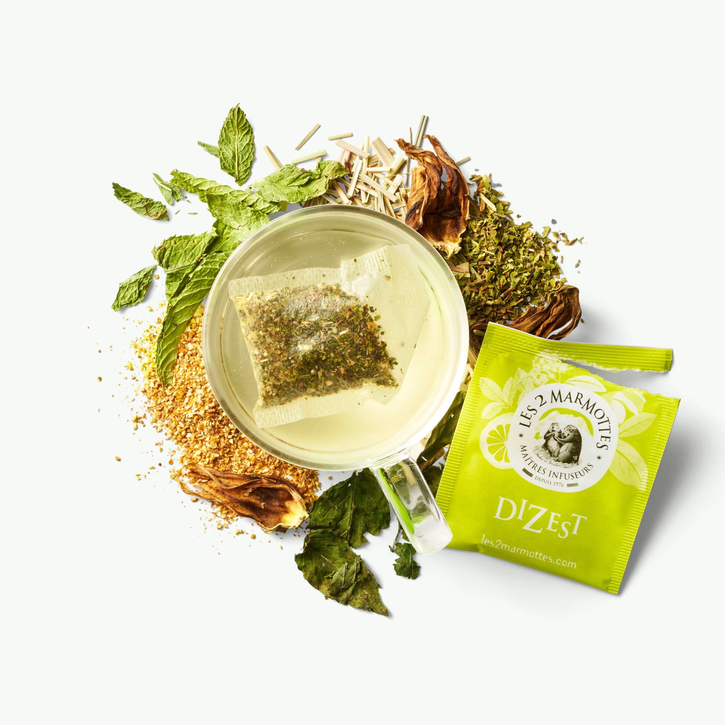 Tisane Dizest, des fruits et des plantes pour une sensation de légéreté après le repas. Citron, menthe, citronnelle, myrte citronné... Que des goûts anthentiques, sans aucun arôme ajouté.