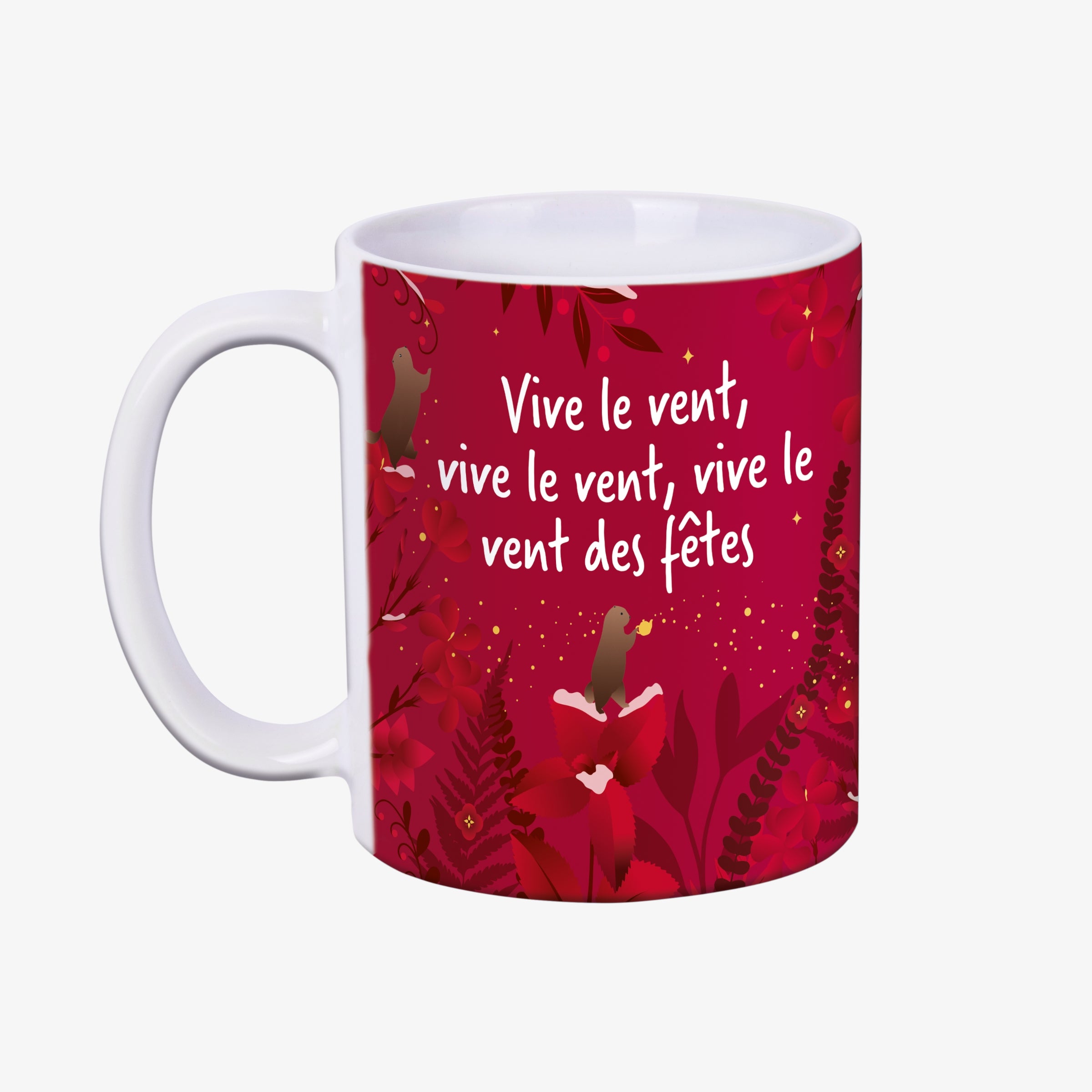 Mug de Noël rouge Les 2 Marmottes à citation Vive le Vent, décor rouge blanc et or