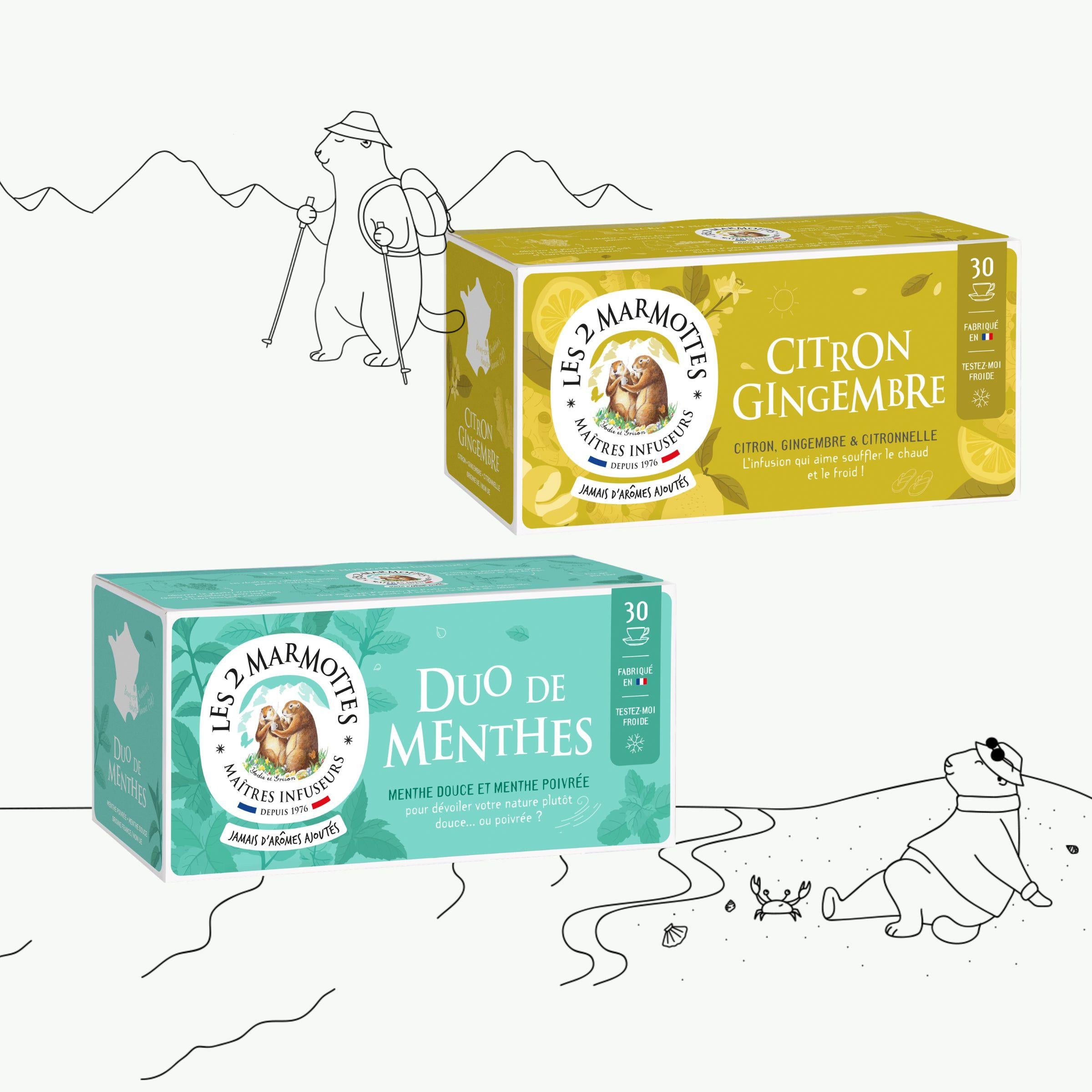 2 tisanes estivales à boire froides : tisane 2 menthes et tisane citron-gingembre. Sans arômes ajoutés.