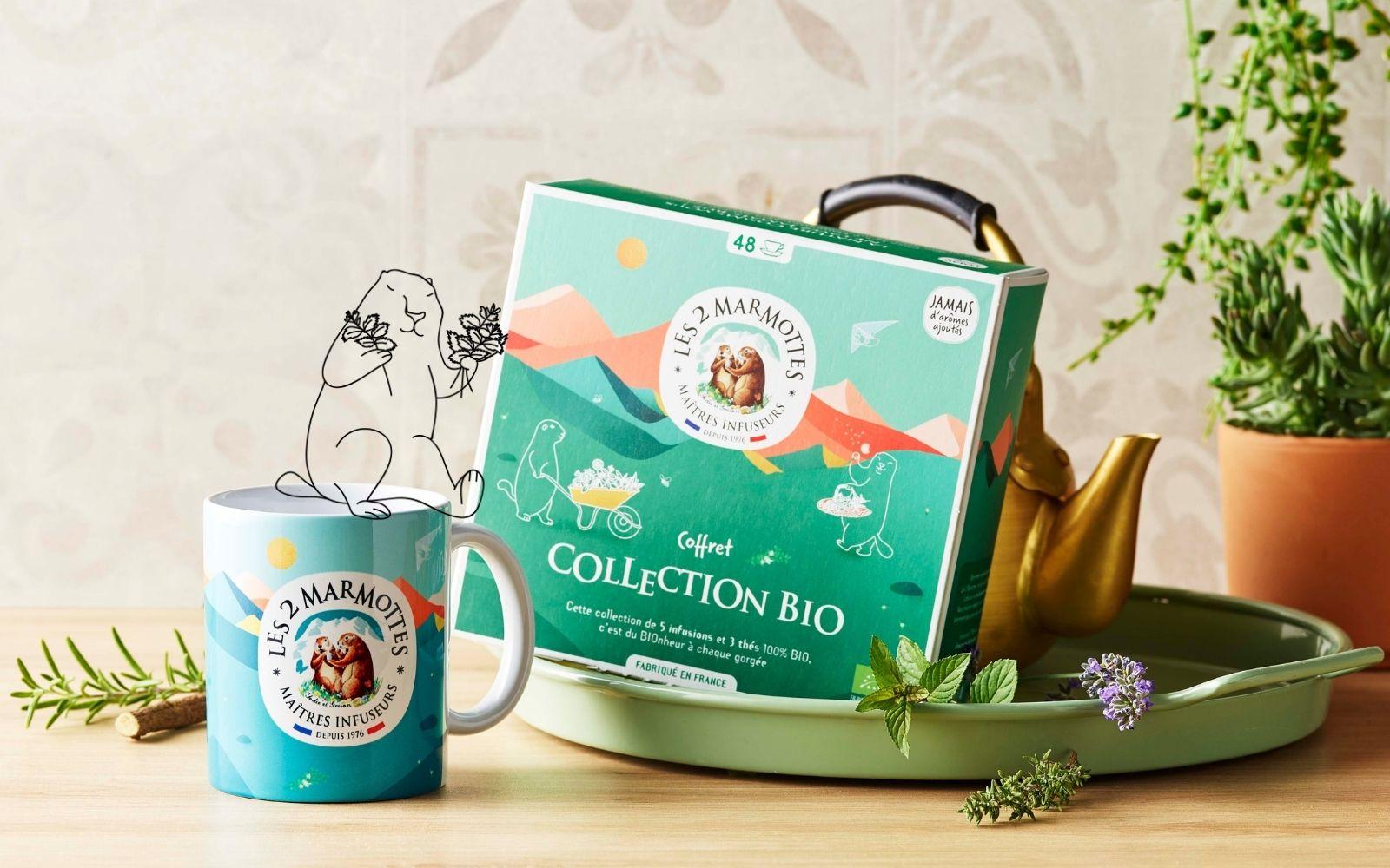 Pack collection bio : coffret tisanes et thés + mug vert