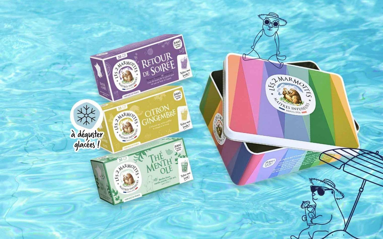 Boîte métal colorée garnie de 3 infusions & thés pour s'hydrater l'été