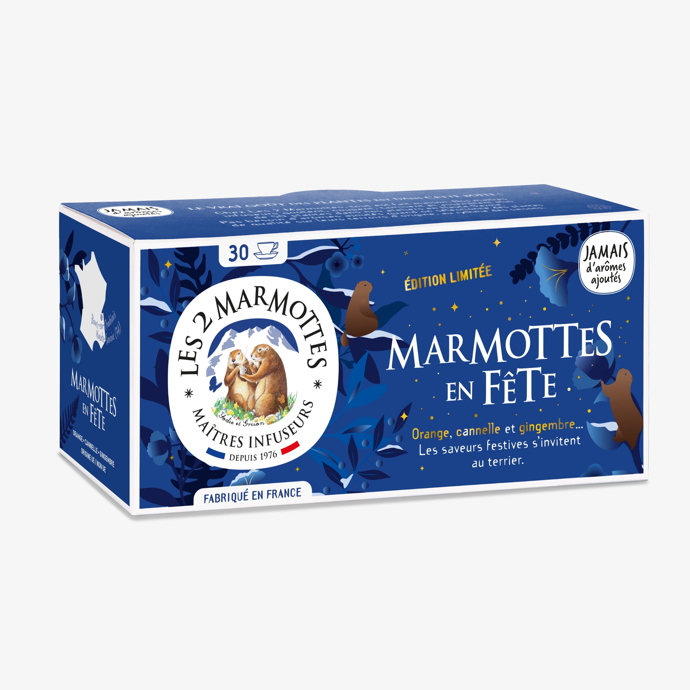 Tisane de Noël Marmottes en Fête : tisane orange, cannelle, gingembre, saveurs authentiques sans arômes ajoutés