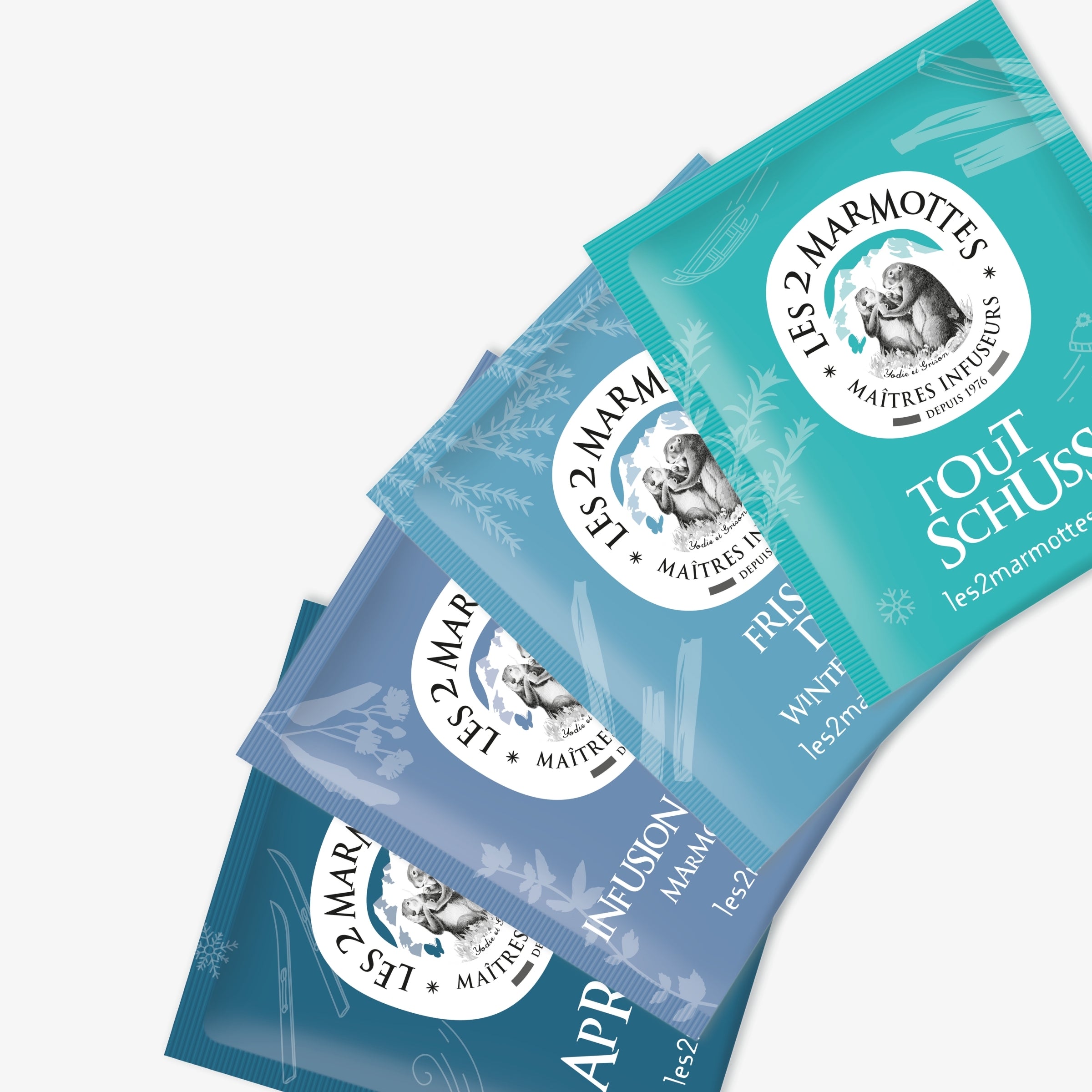 Assortiment 4 tisanes coffret Marmottes au Sommet : Après Ski, Tout Schuss, Frissons d'hiver, Infusion des marmottes