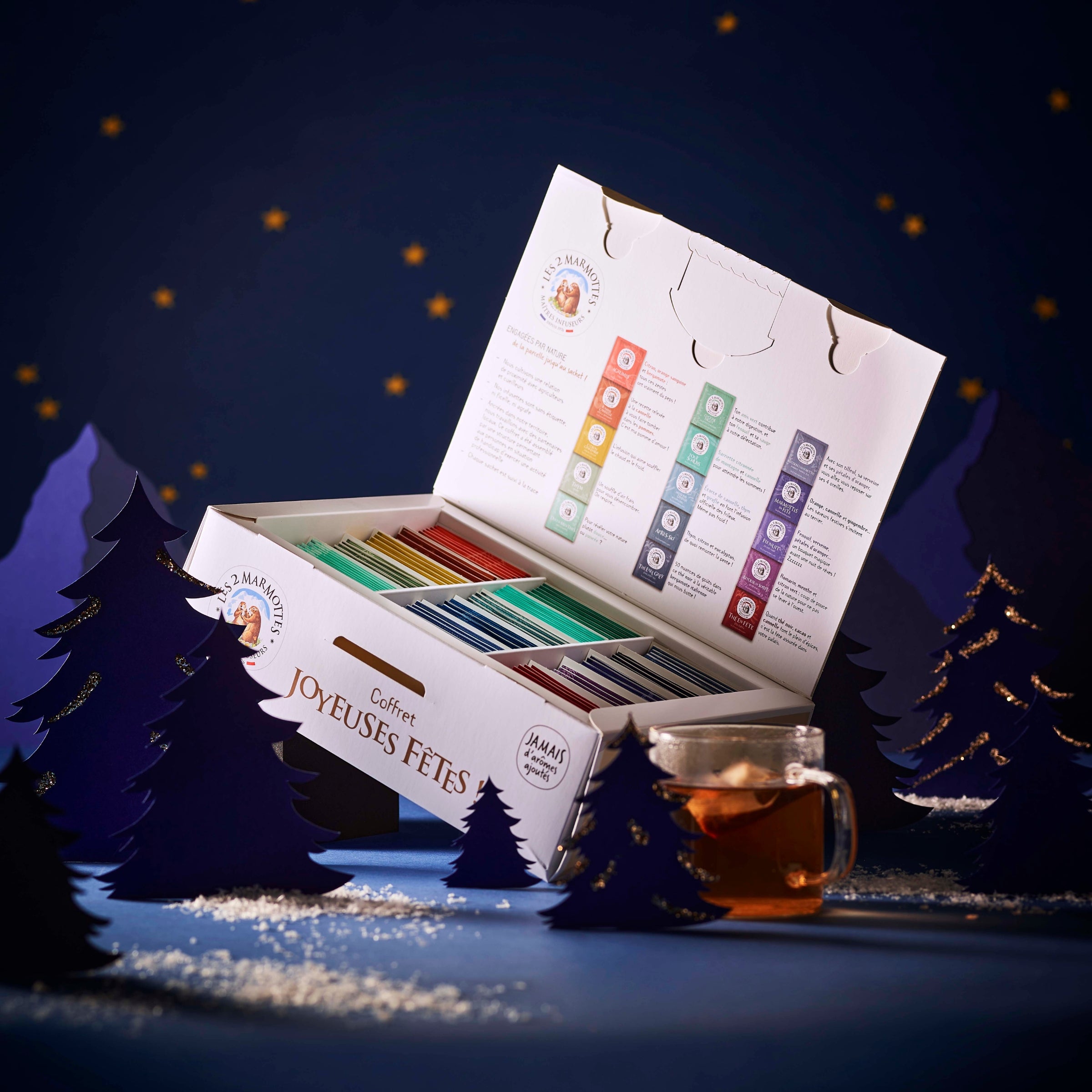 Coffret cadeau spécial Noël : tisanes et thés Made in france, coffret joyeuses fêtes 75 sachets 15 parfums différents dont les thés de noel, tisanes et thés naturels sans arômes ajoutés Les 2 Marmottes