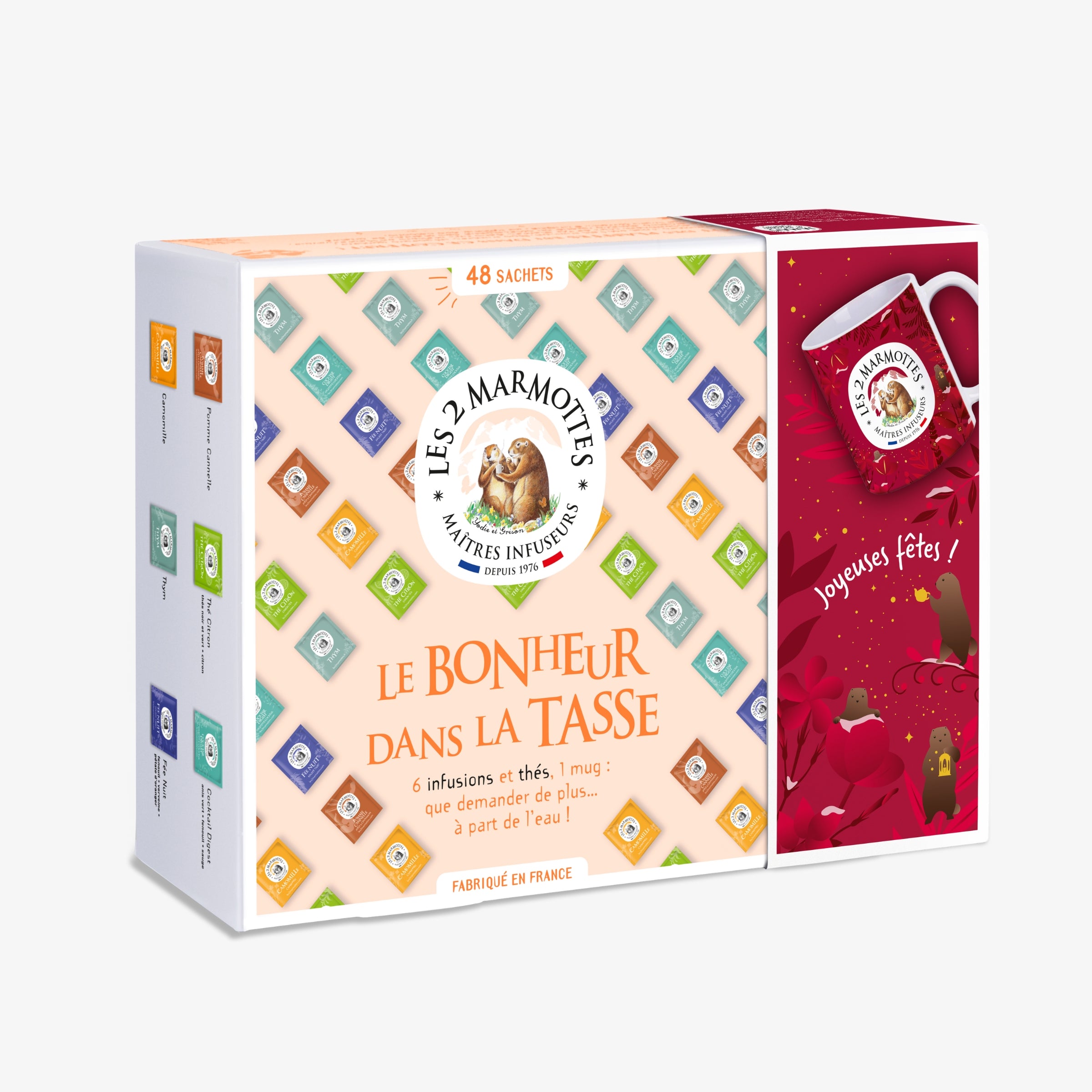 Coffret cadeau 1 Mug de Noël + tisanes et thés. Coffret 48 sachets Le Bonheur dans la Tasse