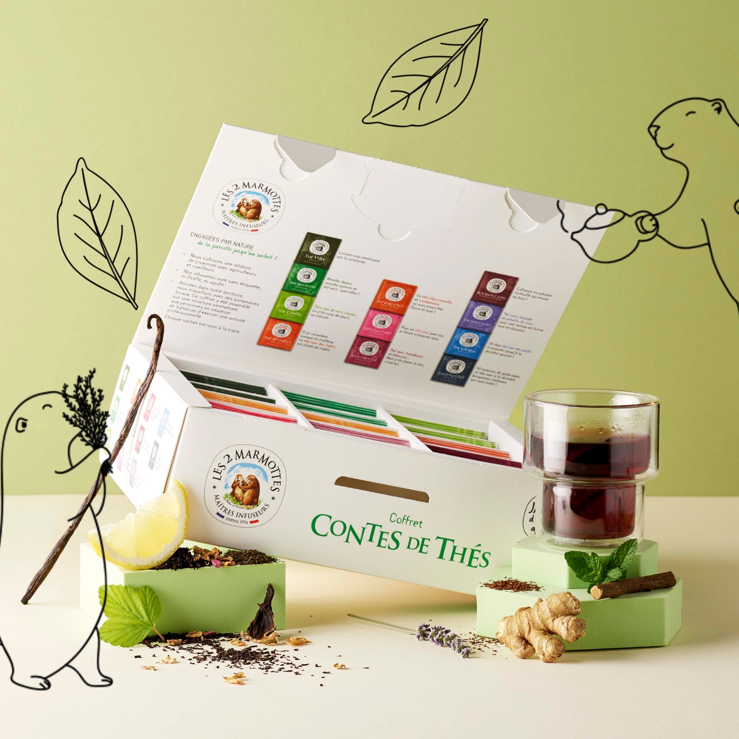 Le coffret Contes de Thés contient 75 sachets, pour 11 thés verts et thés noirs différents à goûter