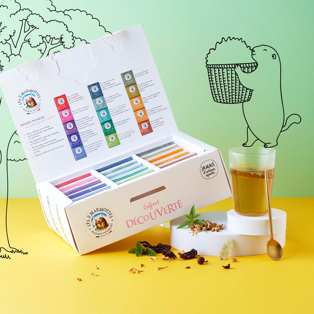 coffret cadeau tisanes et thés made in france, le coffret découverte les 2 marmottes 15 parfums