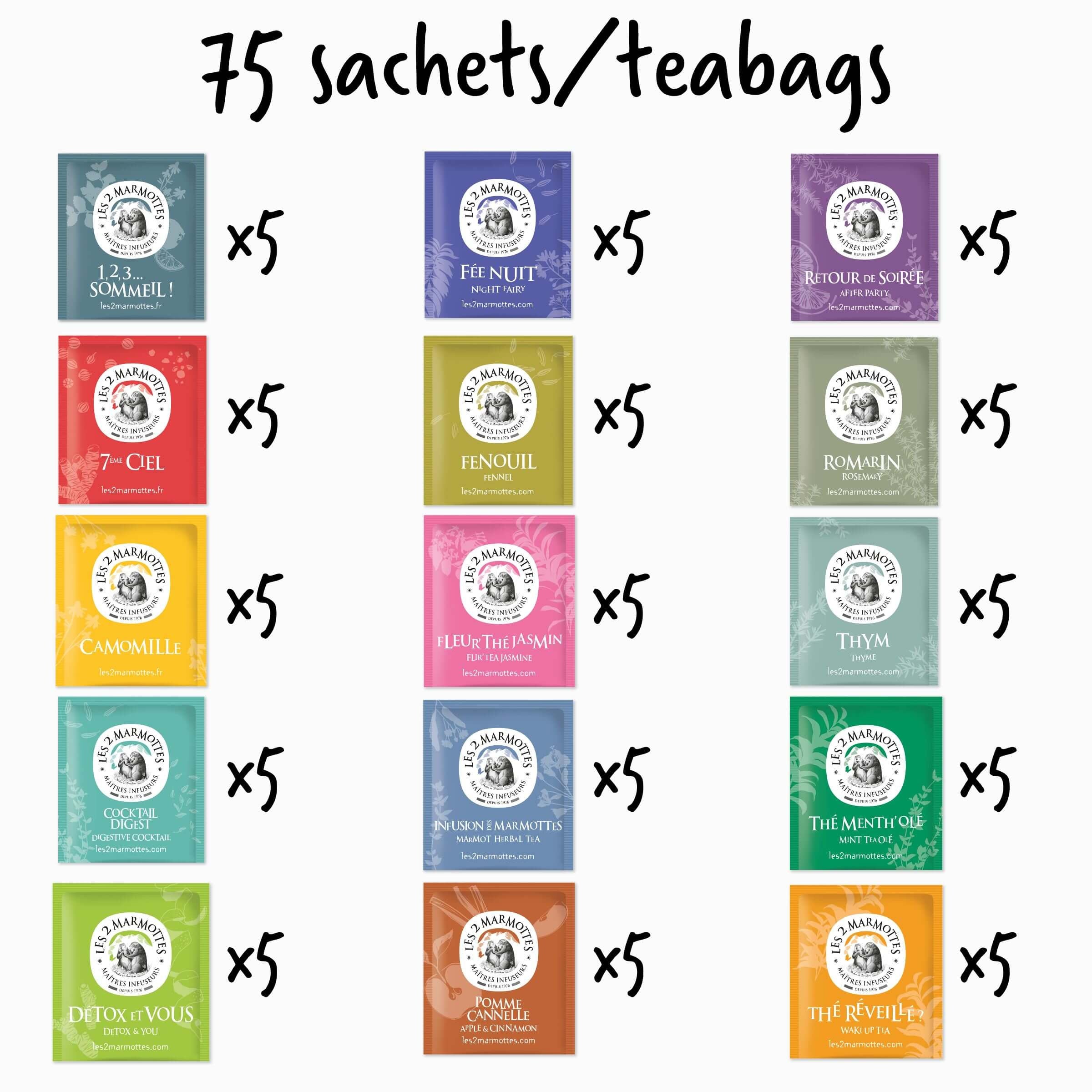Composition Coffret Découverte infusions et thés Les 2 Marmottes : 75 sachets et 15 parfums
