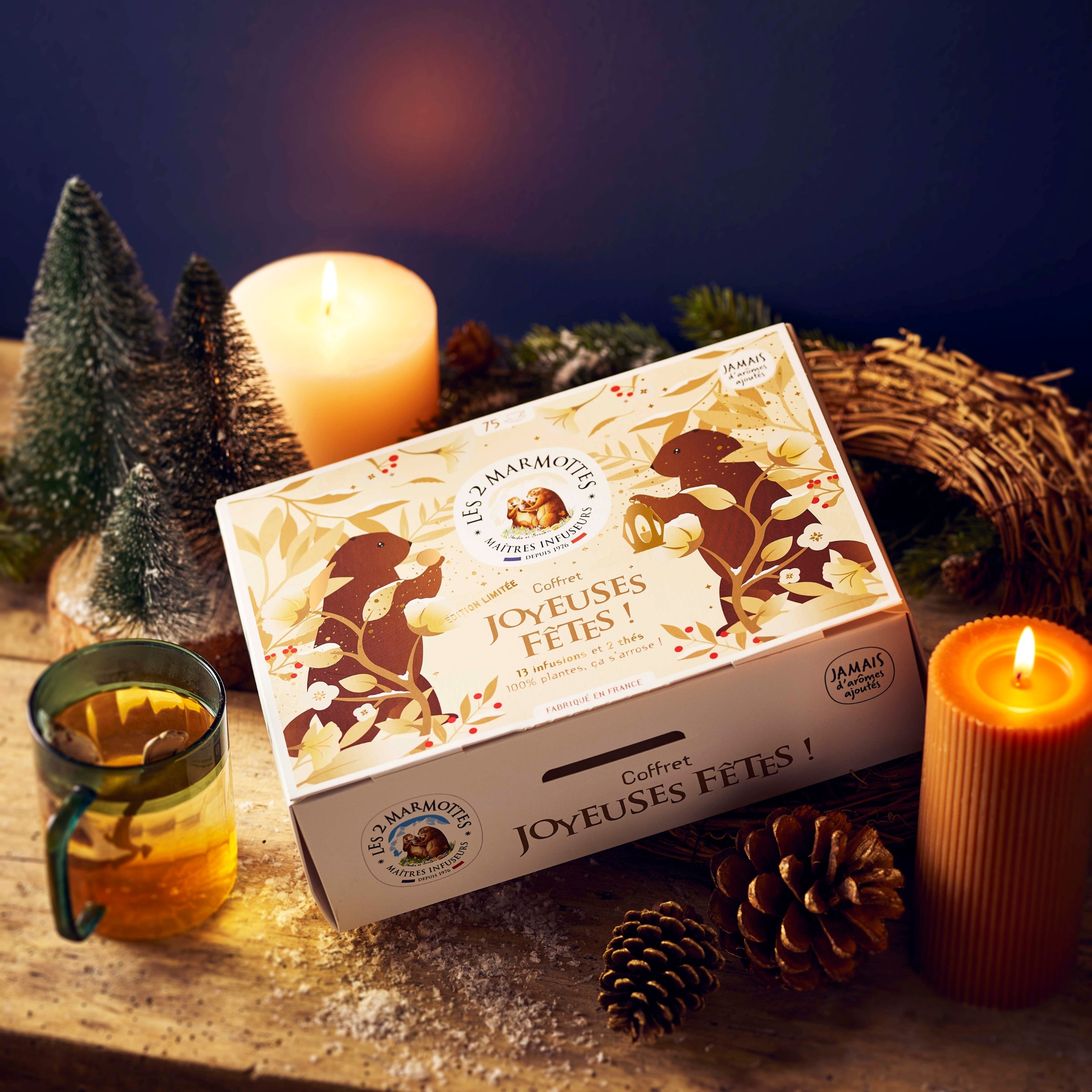 Coffret cadeau spécial Noël : tisanes et thés Made in france, coffret joyeuses fêtes 75 sachets, tisanes et thés naturels sans arômes ajoutés Les 2 Marmottes