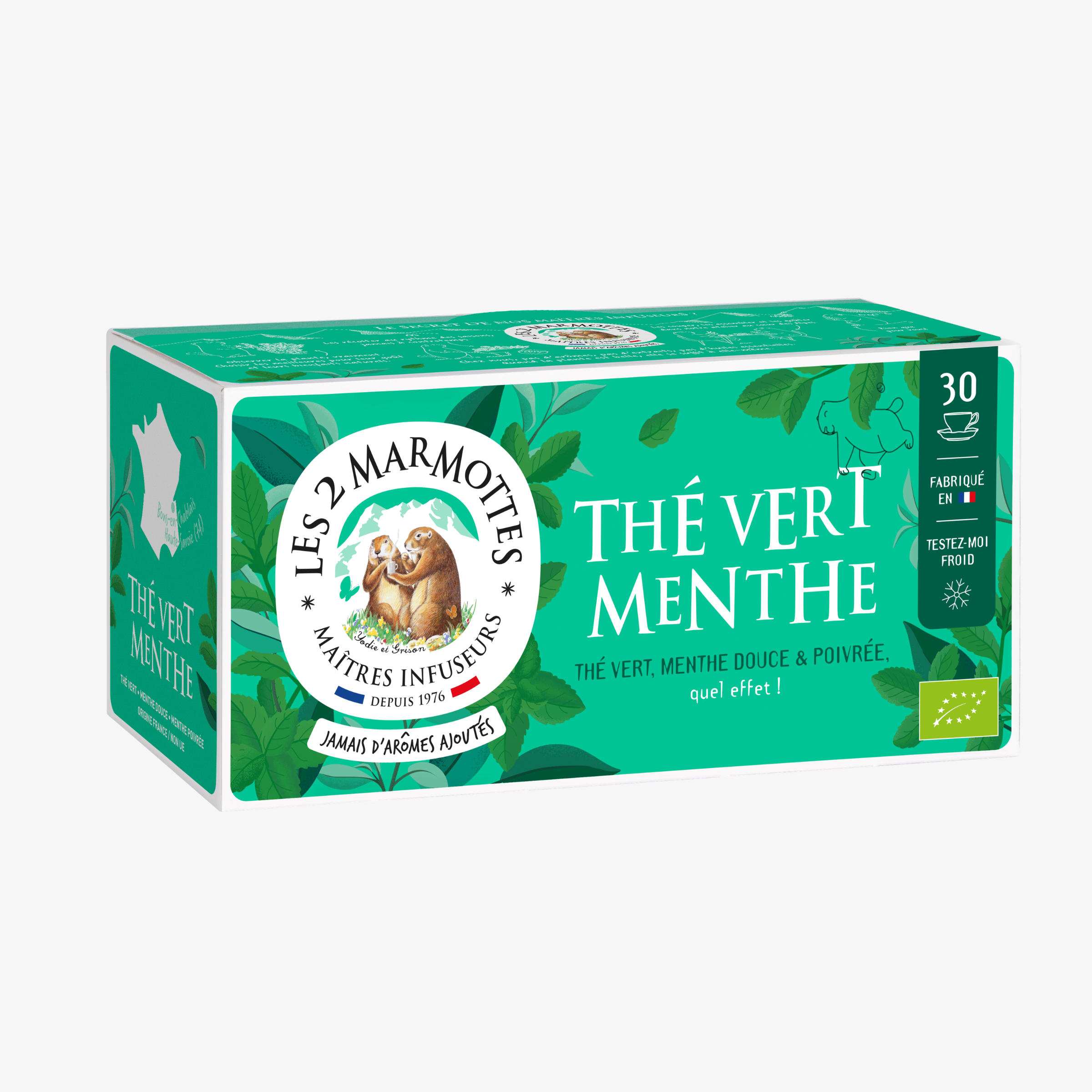 Thé vert à la menthe biologique Les 2 Marmottes - Made in France - Sans arômes ajoutés