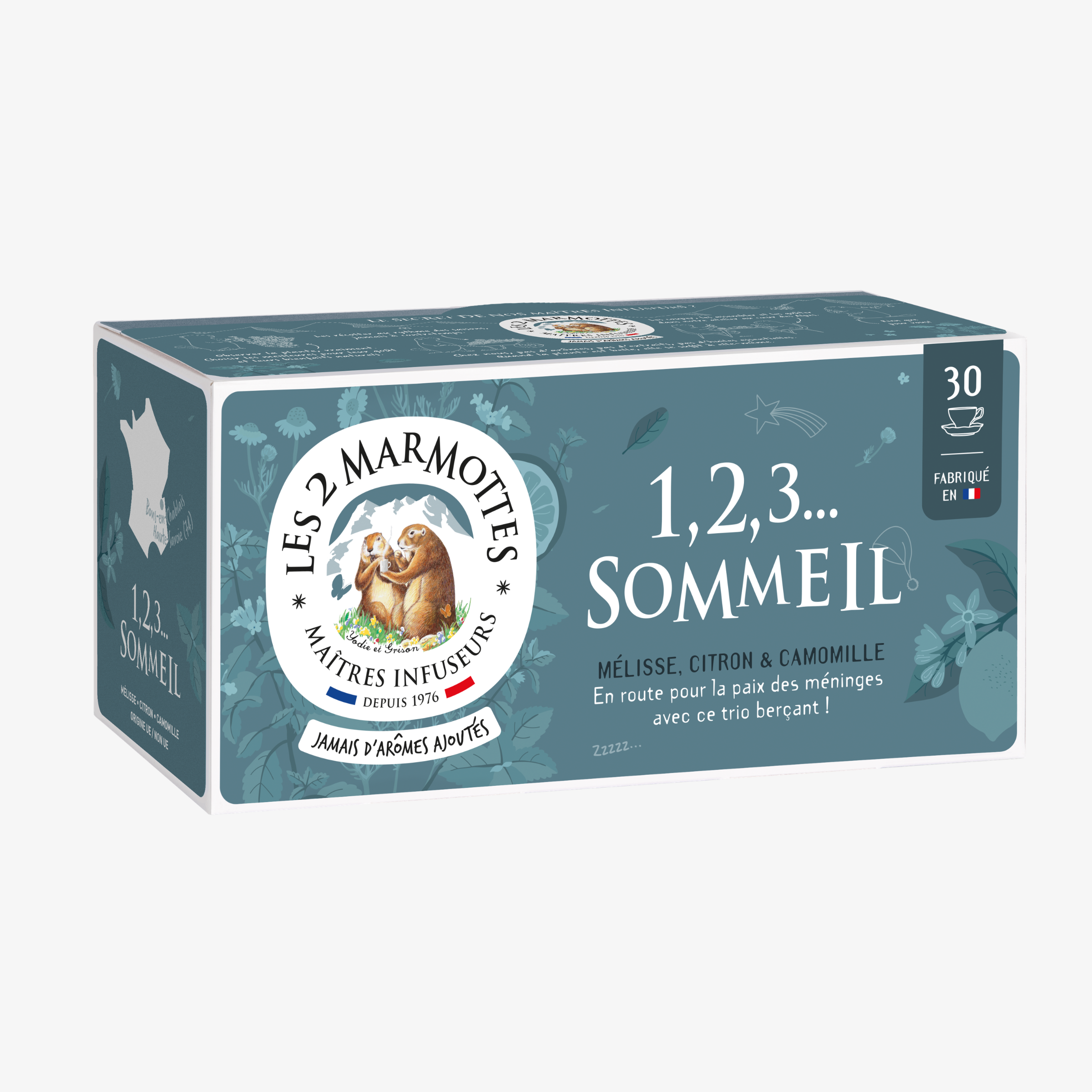 Tisane pour dormir 123 Sommeil Les 2 Marmottes. Infusion nuit 100% plantes, dont mélisse citron et camomille. Tisane sans arômes ajoutés, fabrication française.
