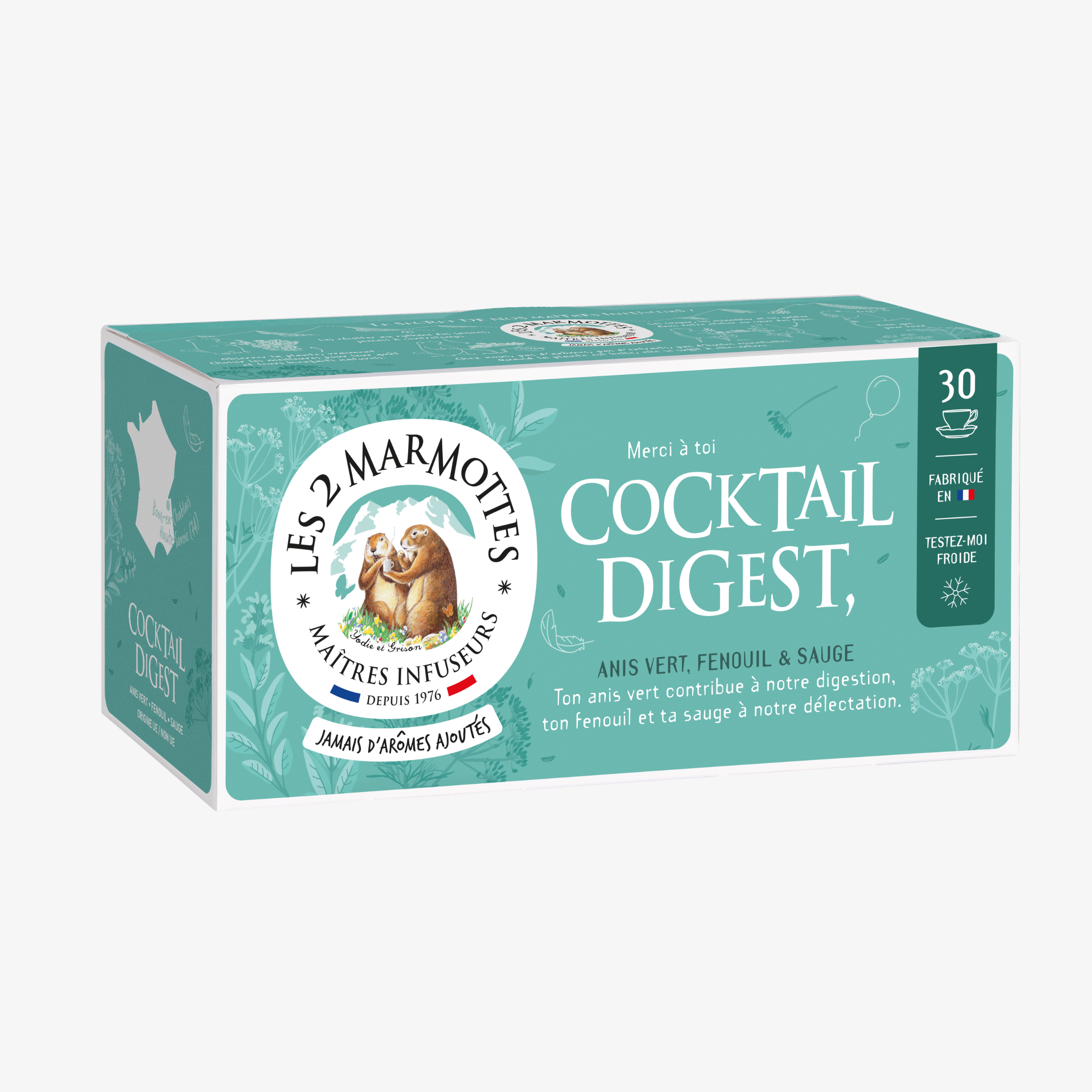 Infusion Cocktail Digest anis vert fenouil et sauge Les 2 Marmottes - Made In France - Sans arômes ajoutés. Tisane digestive après-repas, ingrédients naturels sans additifs.