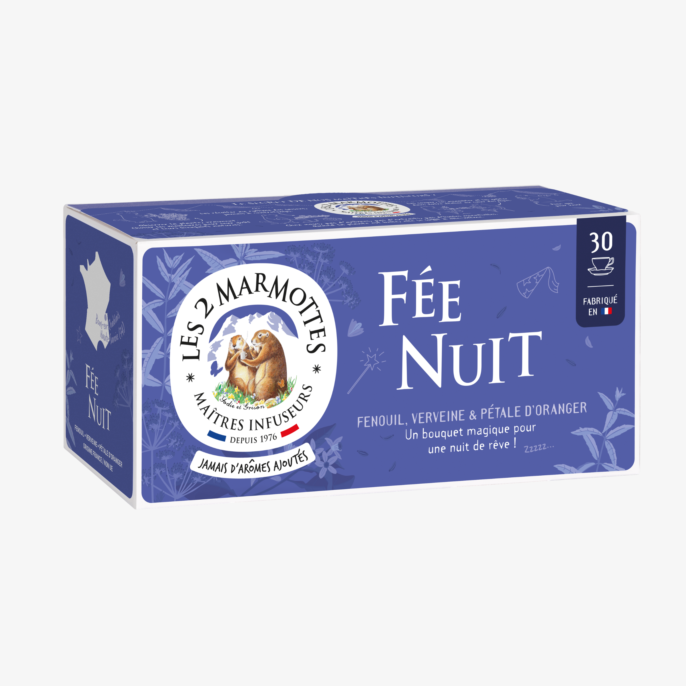 Infusion Fée Nuit fenouil verveine pétales d'oranger Les 2 Marmottes - Made in France - Sans arômes ajoutés. Tisane du soir légère, sans théine