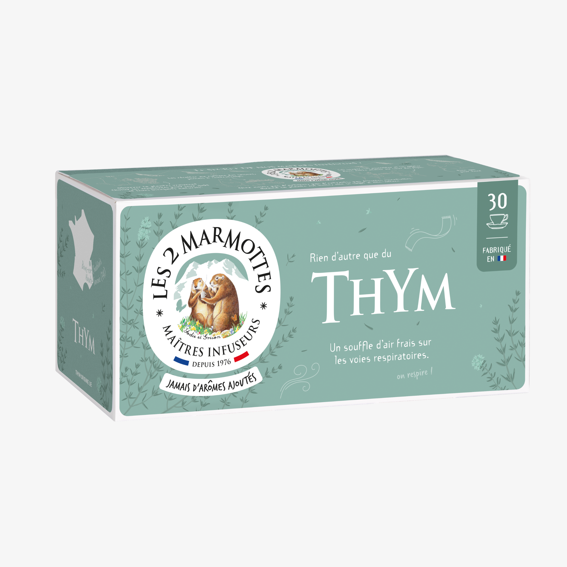 Infusion thym 100% plantes Les 2 Marmottes - Made in France - Sans arômes ajoutés. Mélange 3 thyms, forte saveur végétale, tisane de grand-mère pour l'hiver. A boire nature ou en ajoutant du miel et du citron.