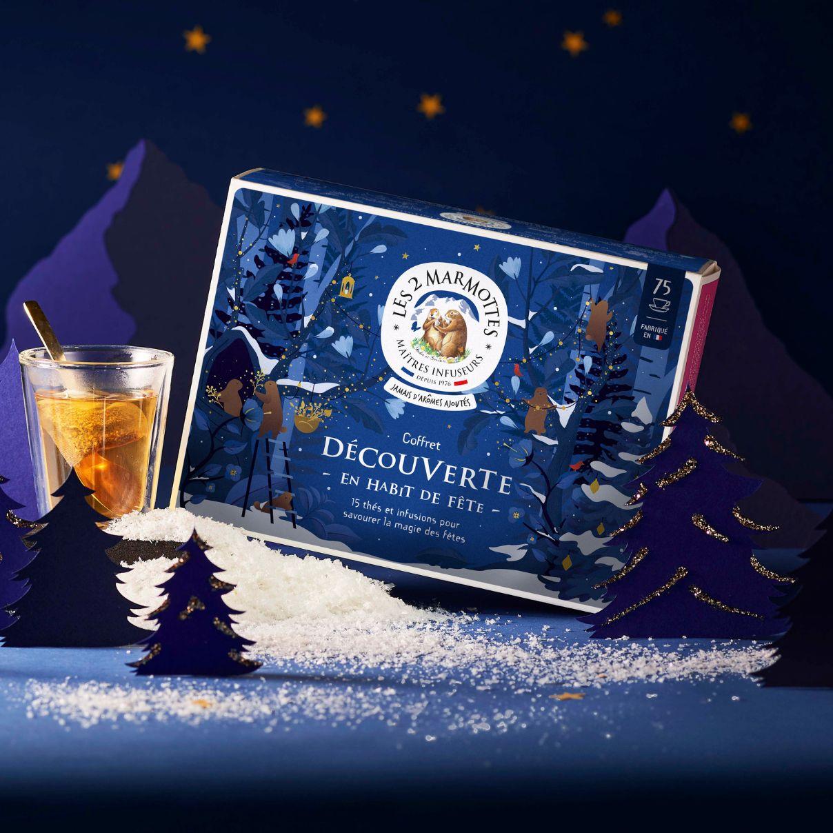 Coffret découverte tisanes et thés pour noel, idée cadeau pour fans de thés et de tisanes, fabrication française PME locale les 2 marmottes, décor bleu noel avec marmottes