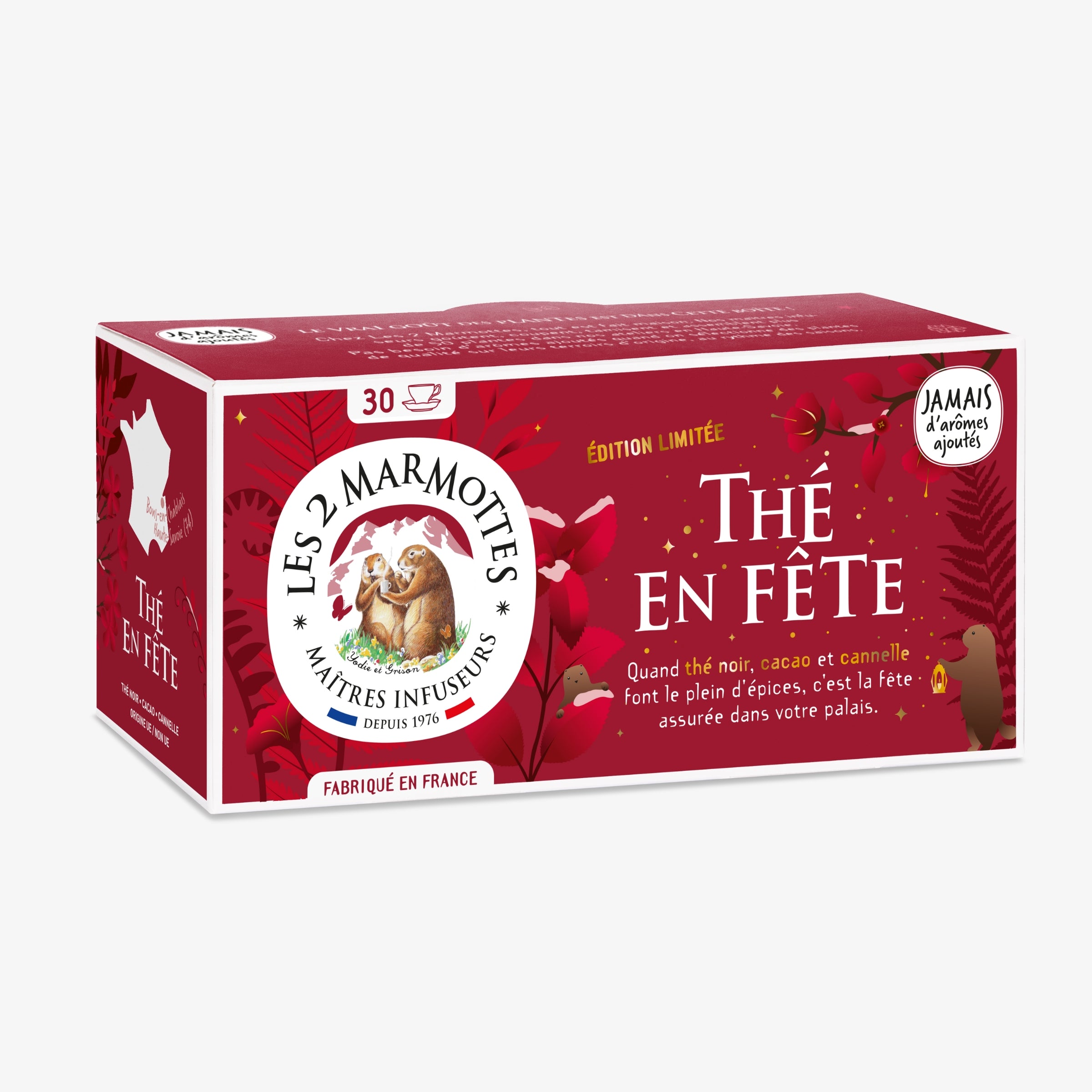 Thé de Noël les 2 Marmottes : thé noir bio, écorces de cacao, orange, cannelle et autres épices. Edition limitée pour les fêtes.