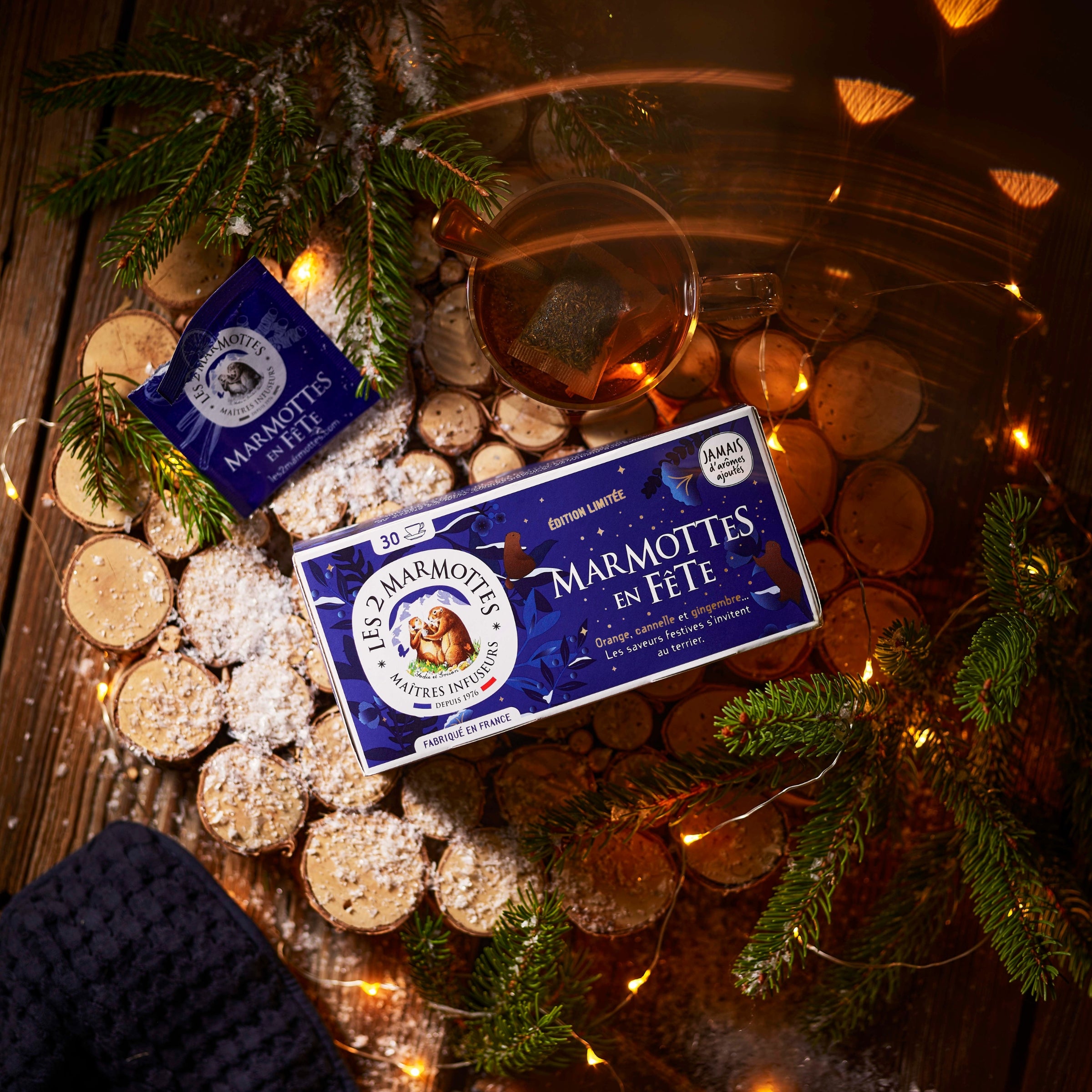 Tisane de Noël Marmottes en Fête : tisane orange, cannelle, gingembre. Fabrication française.